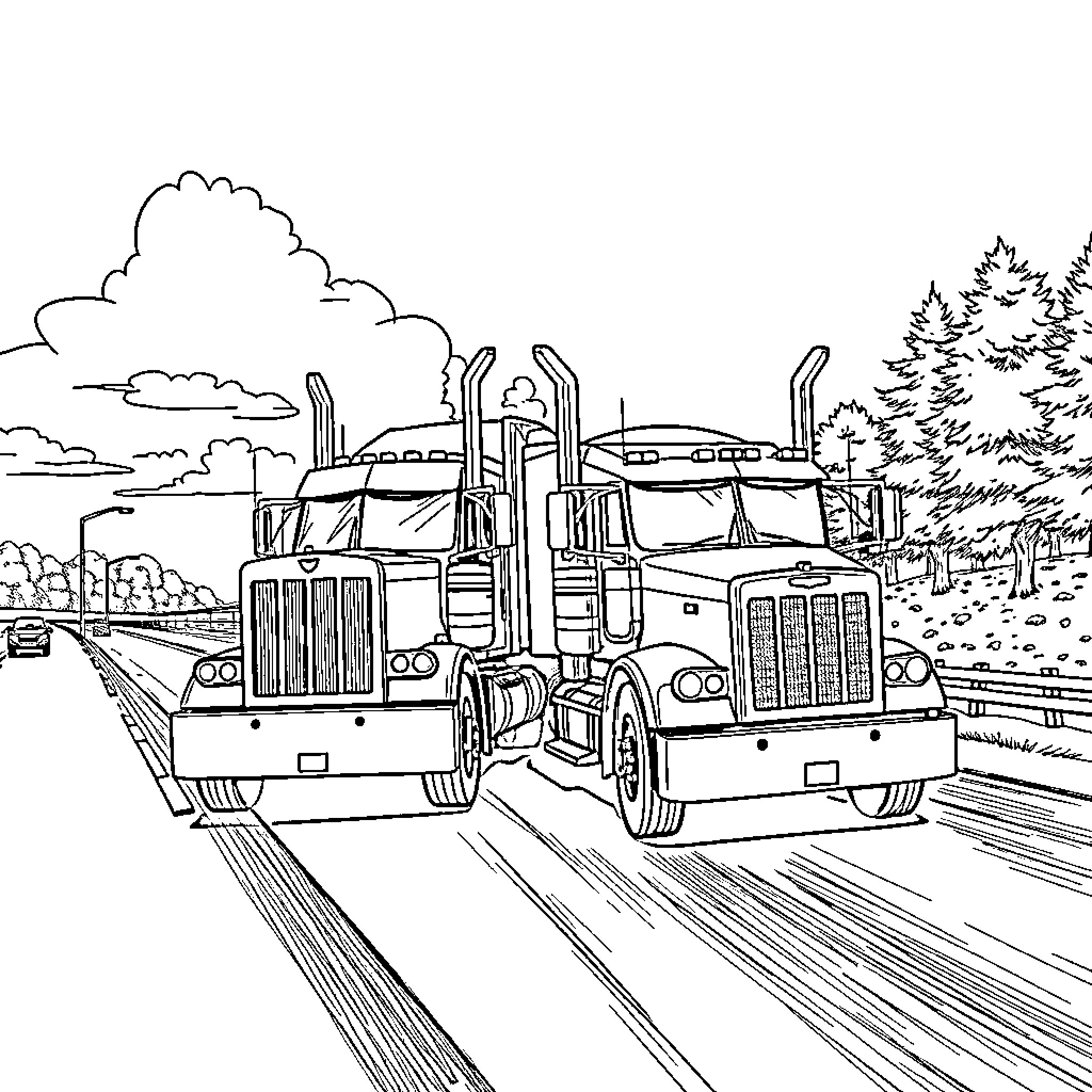 Truck hauling cargo on the highway Coloring Page (free black-and-white line drawing printable PDF for all, from beginners to advanced learners, including children, teens, adults, and seniors)