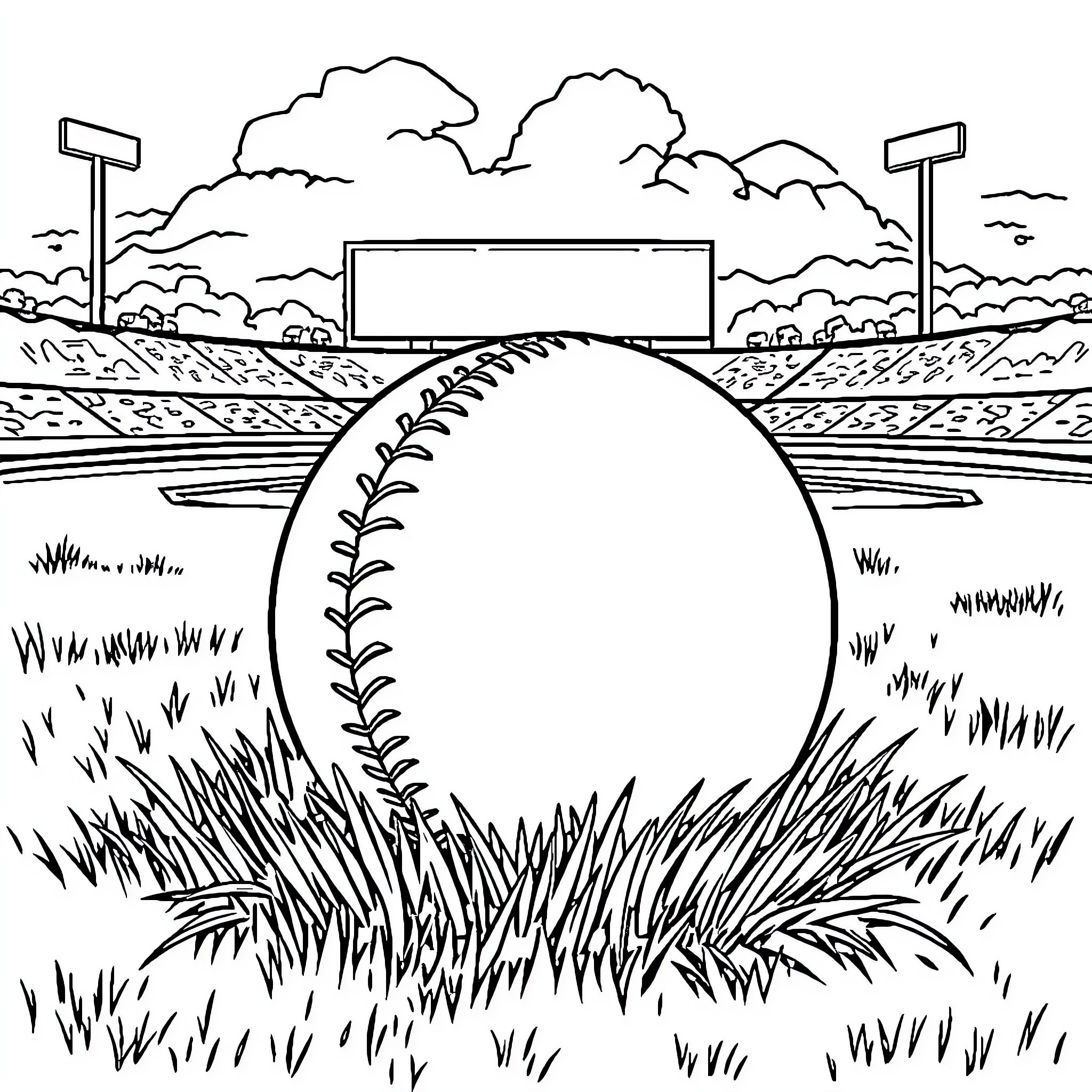 Baseball field with stadium in the background Coloring Page (free black-and-white line drawing printable PDF for all, from beginners to advanced learners, including children, teens, adults, and seniors)