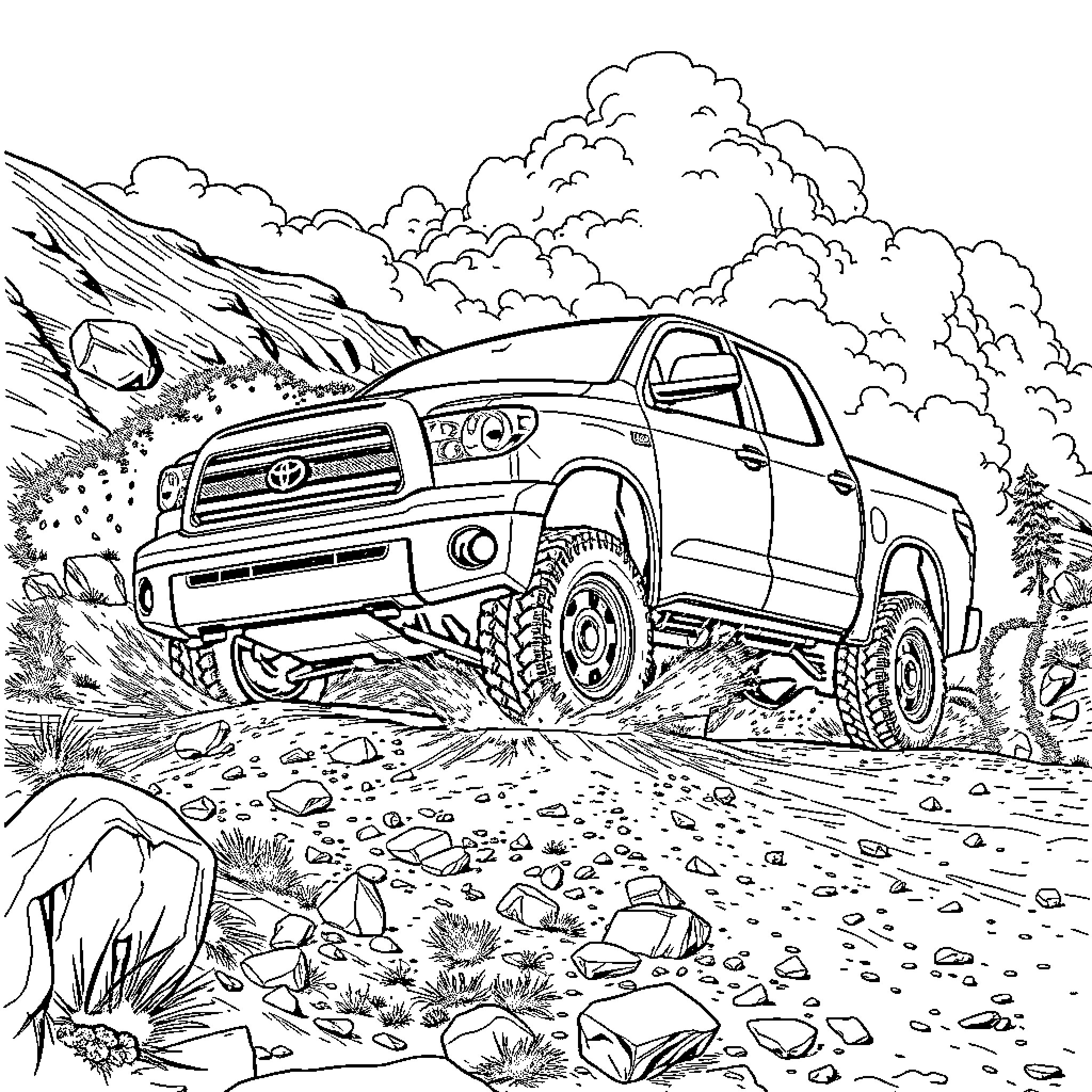 Toyota Tundra traversing rocky terrain Coloring Page (free black-and-white line drawing printable PDF for all, from beginners to advanced learners, including children, teens, adults, and seniors)