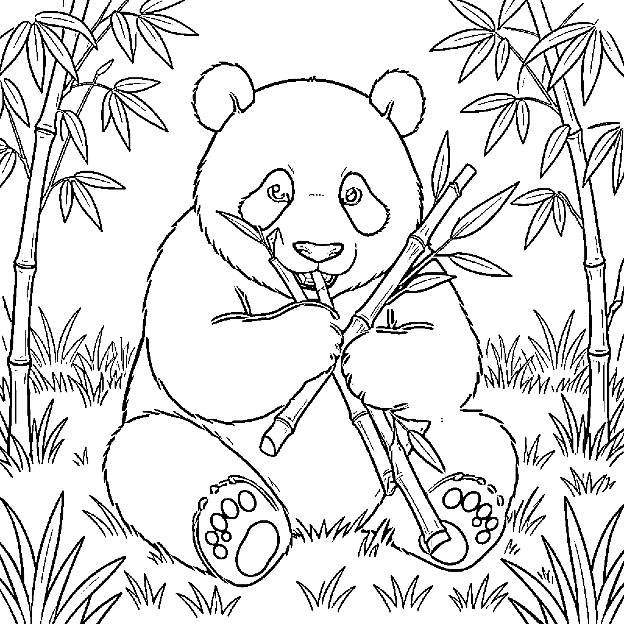Panda sitting and eating bamboo stalks in the wild Coloring Page (free black-and-white line drawing printable PDF for all, from beginners to advanced learners, including children, teens, adults, and seniors)