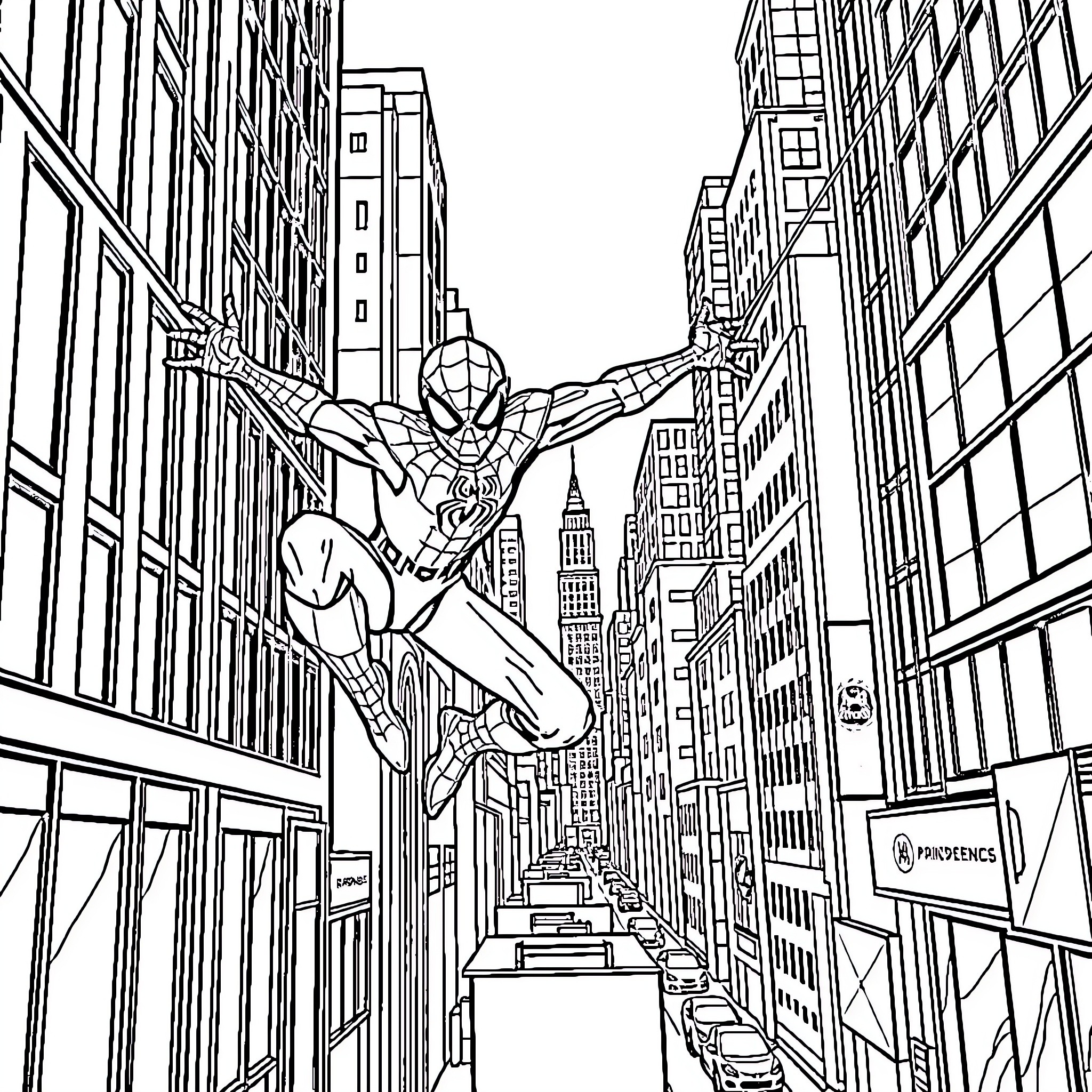 Spider-Man swinging through the city skyline Coloring Page (free black-and-white line drawing printable PDF for all, from beginners to advanced learners, including children, teens, adults, and seniors)
