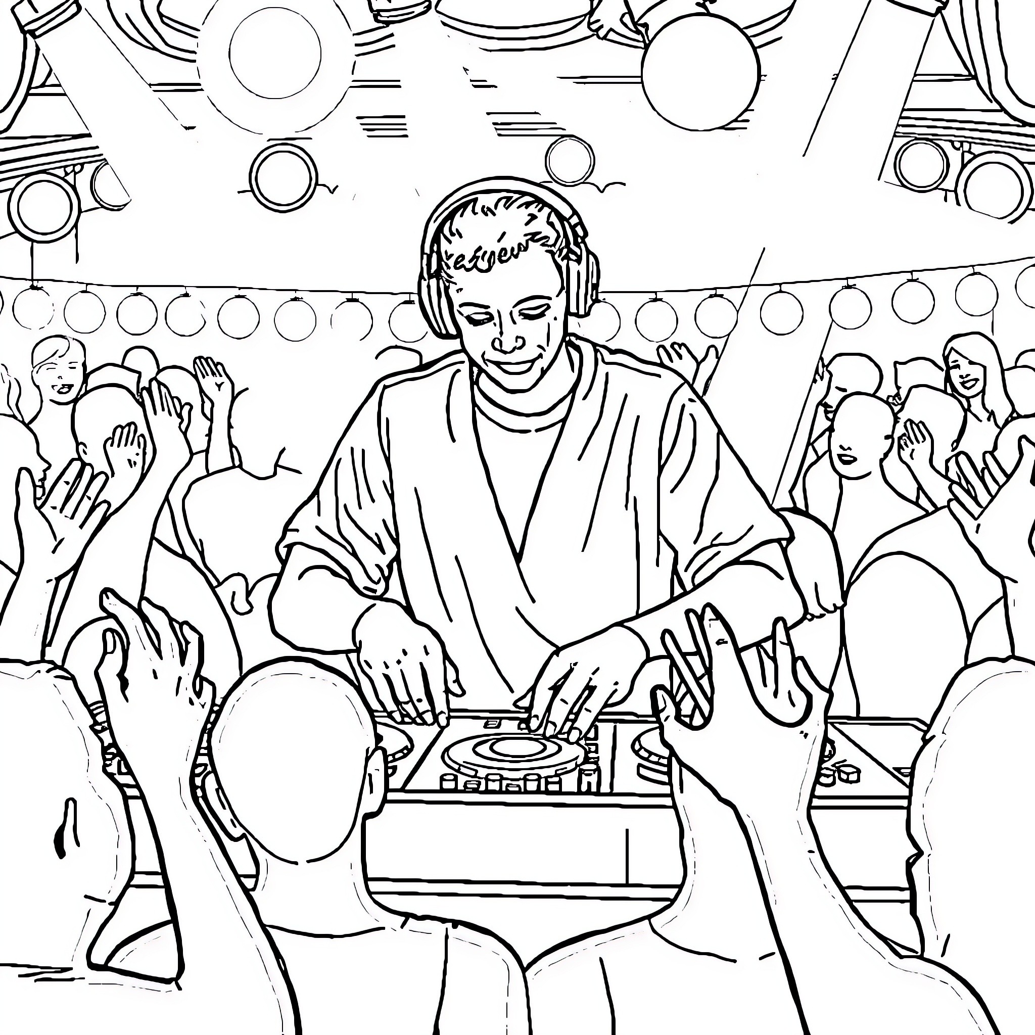 DJ Entertaining Energetic Crowd with Music Coloring Page (free black-and-white line drawing printable PDF for all, from beginners to advanced learners, including children, teens, adults, and seniors)