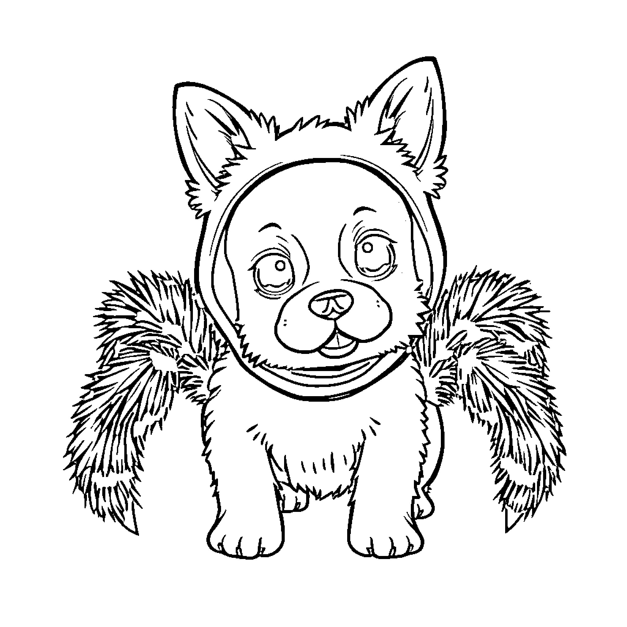 Dog with funny expression and fluffy ears Coloring Page (free black-and-white line drawing printable PDF for all, from beginners to advanced learners, including children, teens, adults, and seniors)