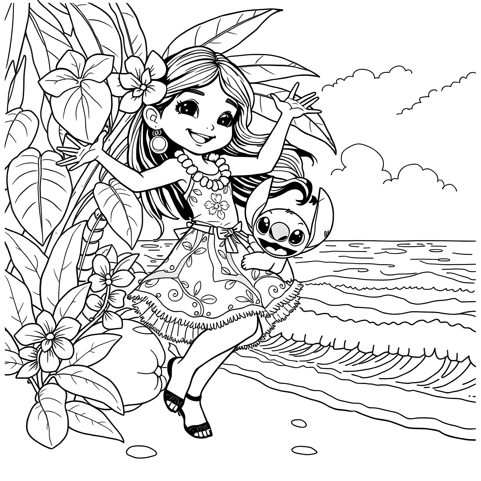 Lilo playing cheerfully with her pet on the beach Coloring Page (free black-and-white line drawing printable PDF for all, from beginners to advanced learners, including children, teens, adults, and seniors)