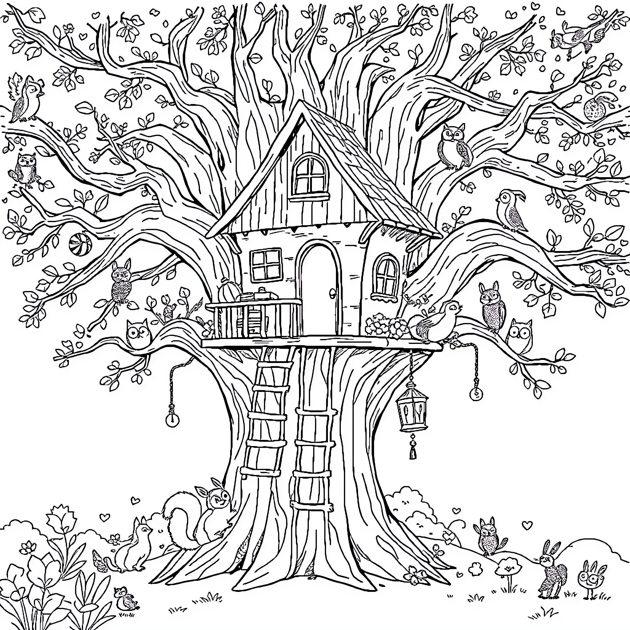 Treehouse with whimsical forest creatures Coloring Page (free black-and-white line drawing printable PDF for all, from beginners to advanced learners, including children, teens, adults, and seniors)