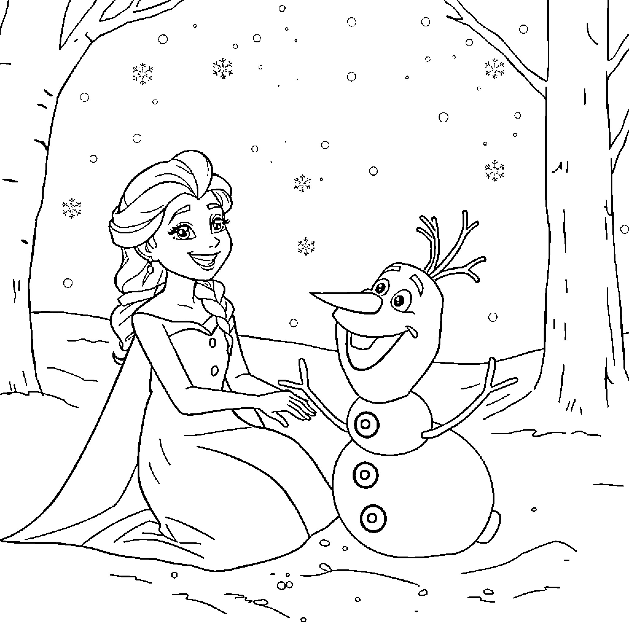 Elsa playing with her snowman friend in the winter Coloring Page (free black-and-white line drawing printable PDF for all, from beginners to advanced learners, including children, teens, adults, and seniors)