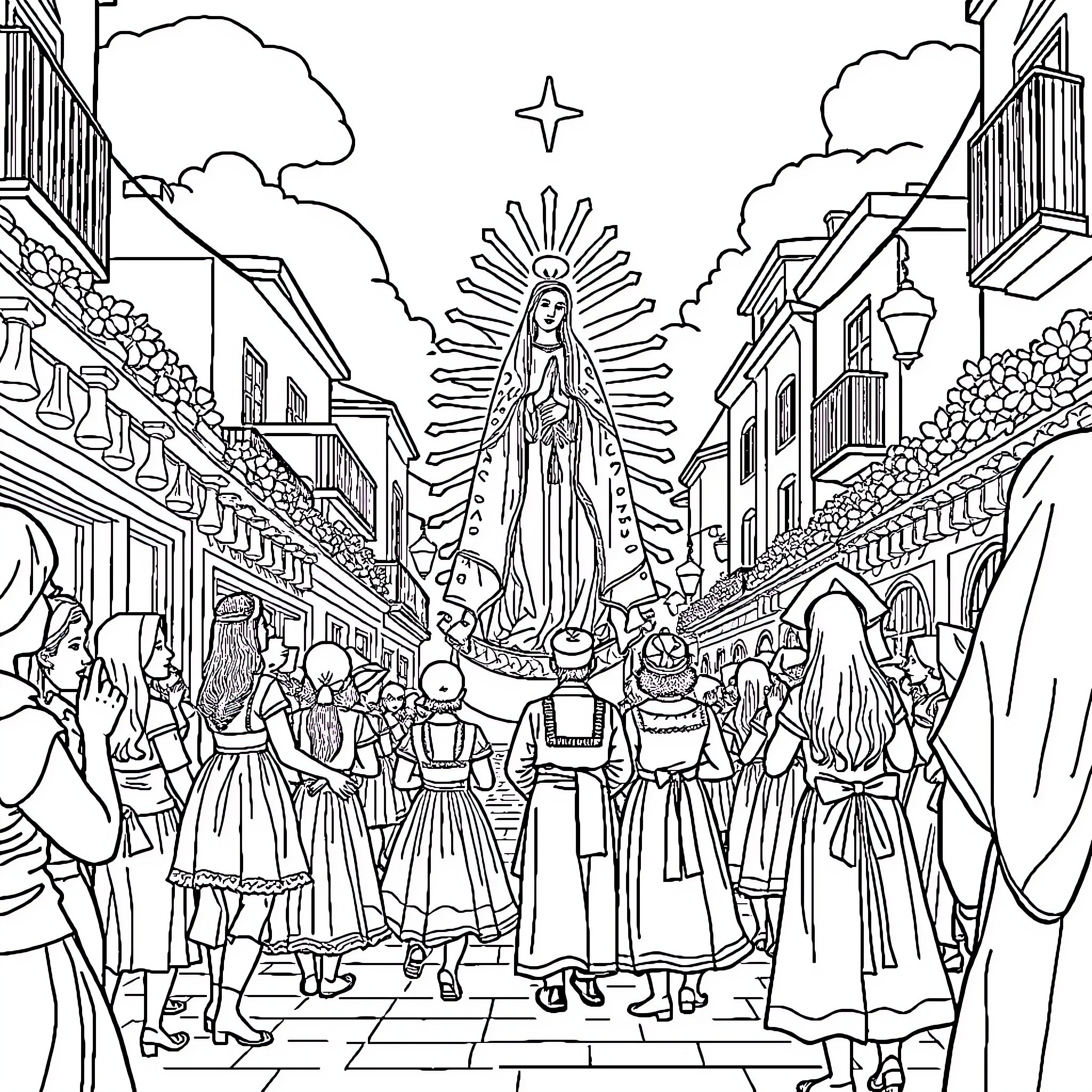 Senhora d'Agonia: Religious Procession in a Historic Town Coloring Page (free black-and-white line drawing printable PDF for all, from beginners to advanced learners, including children, teens, adults, and seniors)