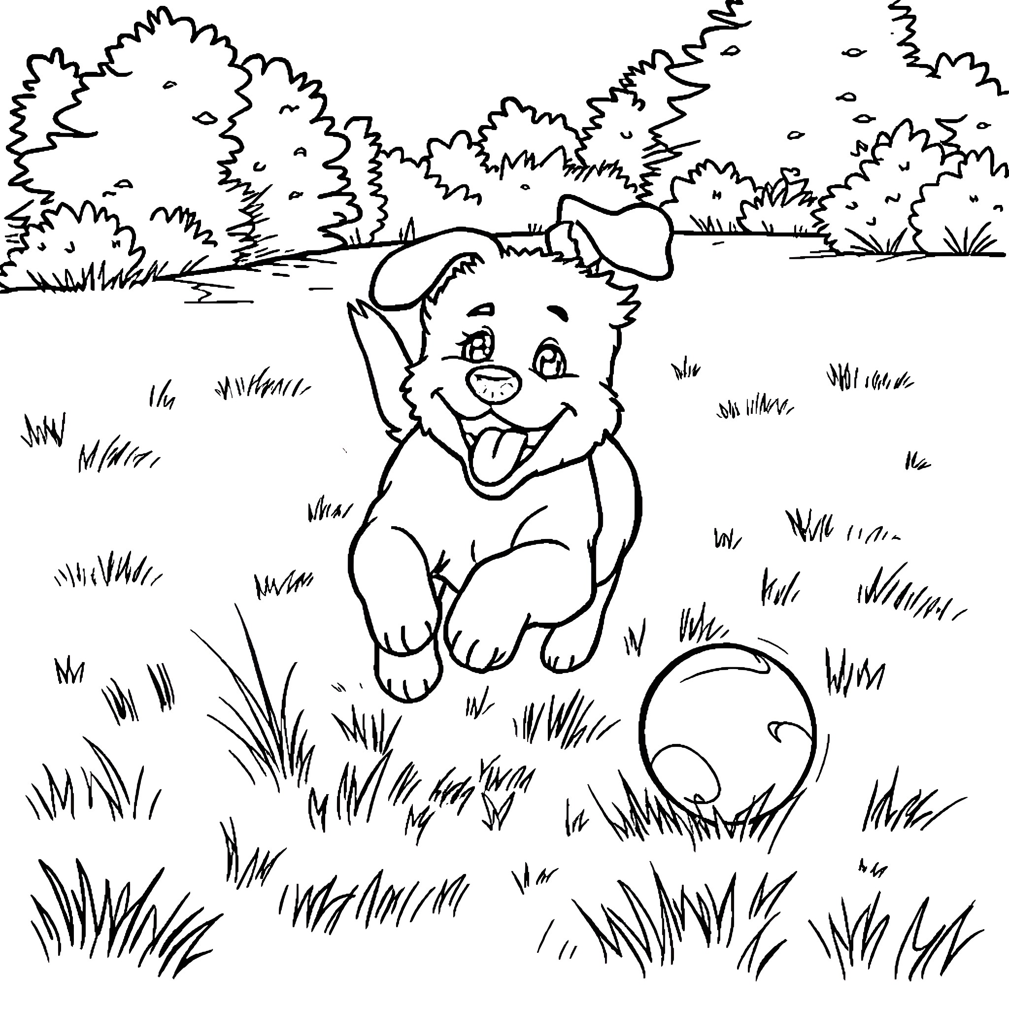 Puppy happily playing in the grassy field Coloring Page (free black-and-white line drawing printable PDF for all, from beginners to advanced learners, including children, teens, adults, and seniors)
