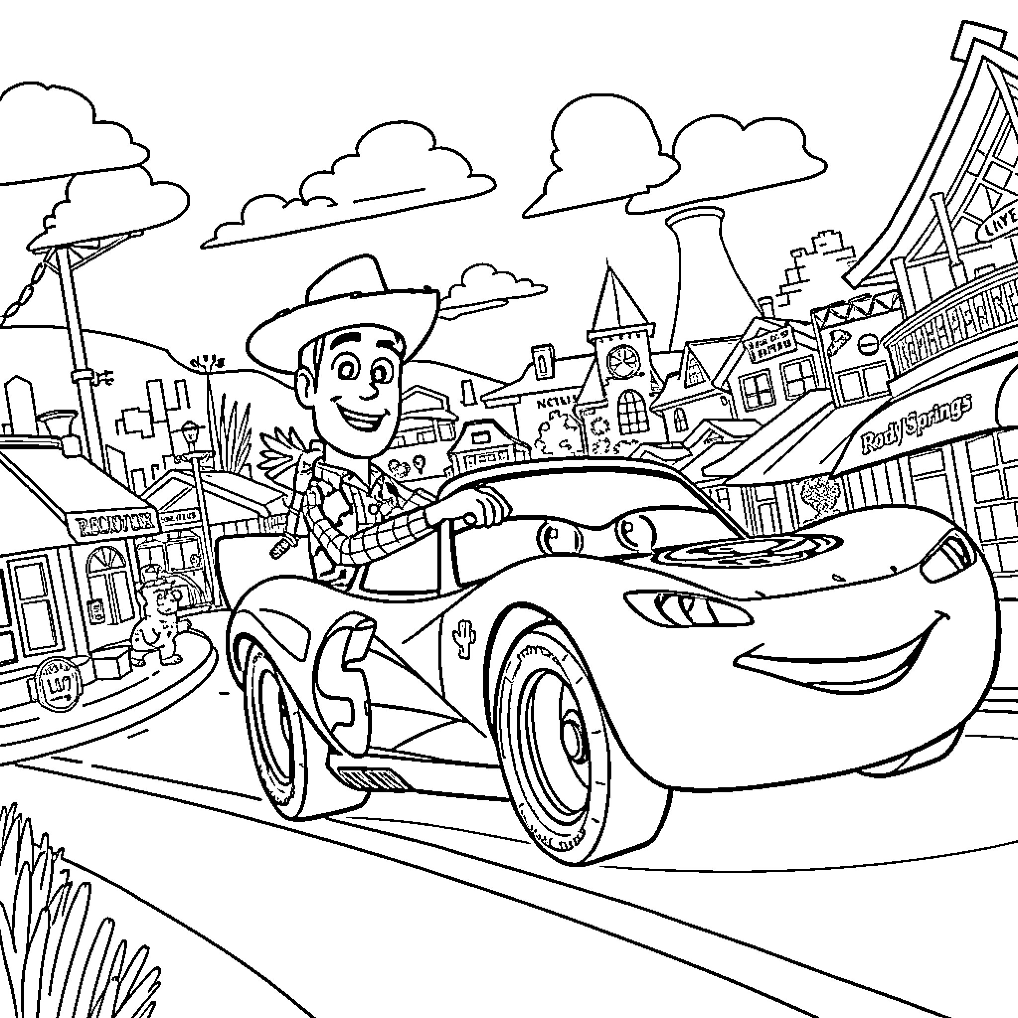 Woody's Thrilling Car Adventure in a Whimsical Town Coloring Page (free black-and-white line drawing printable PDF for all, from beginners to advanced learners, including children, teens, adults, and seniors)
