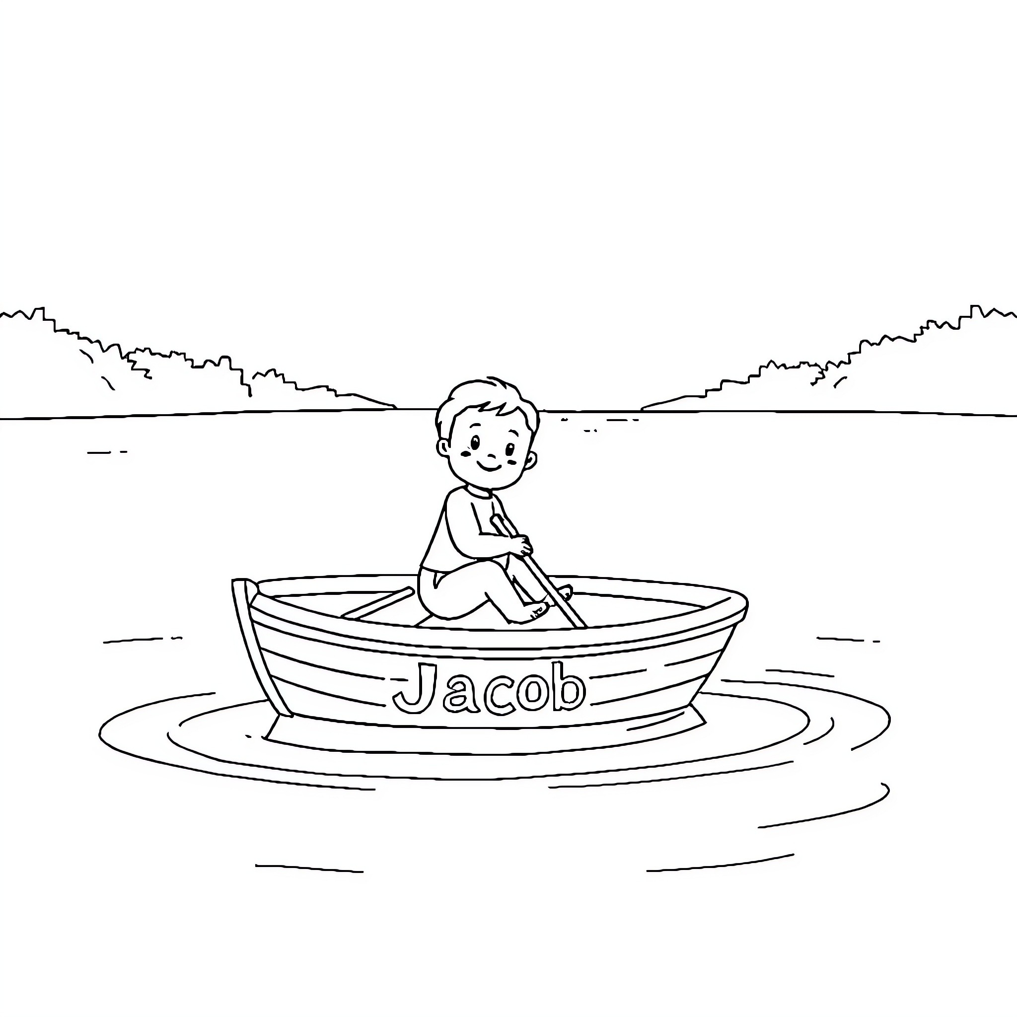 Boy rowing boat on a lake Coloring Page (free black-and-white line drawing printable PDF for all, from beginners to advanced learners, including children, teens, adults, and seniors)