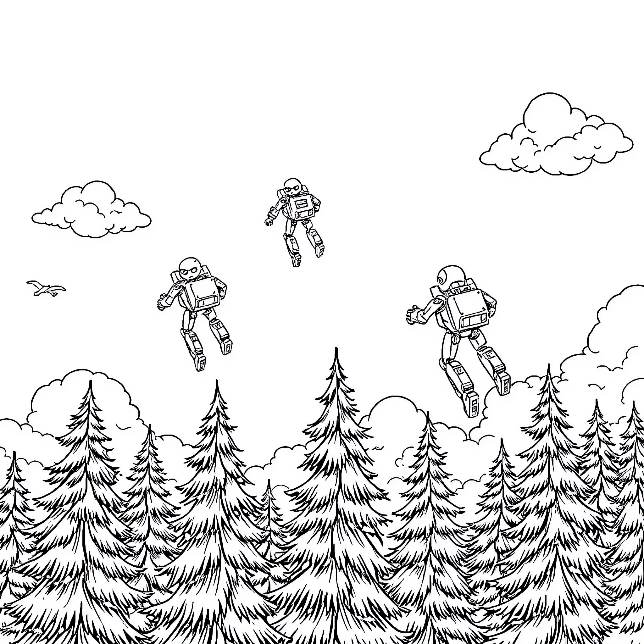 Robot squad soaring through the forest Coloring Page (free black-and-white line drawing printable PDF for all, from beginners to advanced learners, including children, teens, adults, and seniors)