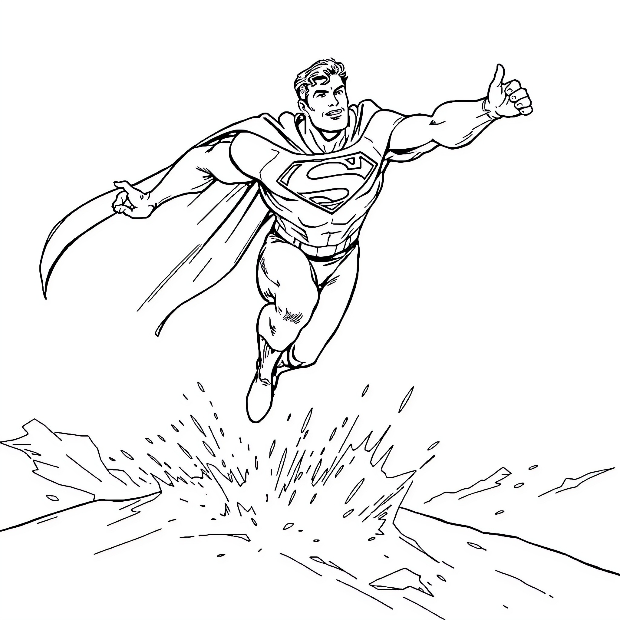 Superman heroically soaring through the sky Coloring Page (free black-and-white line drawing printable PDF for all, from beginners to advanced learners, including children, teens, adults, and seniors)