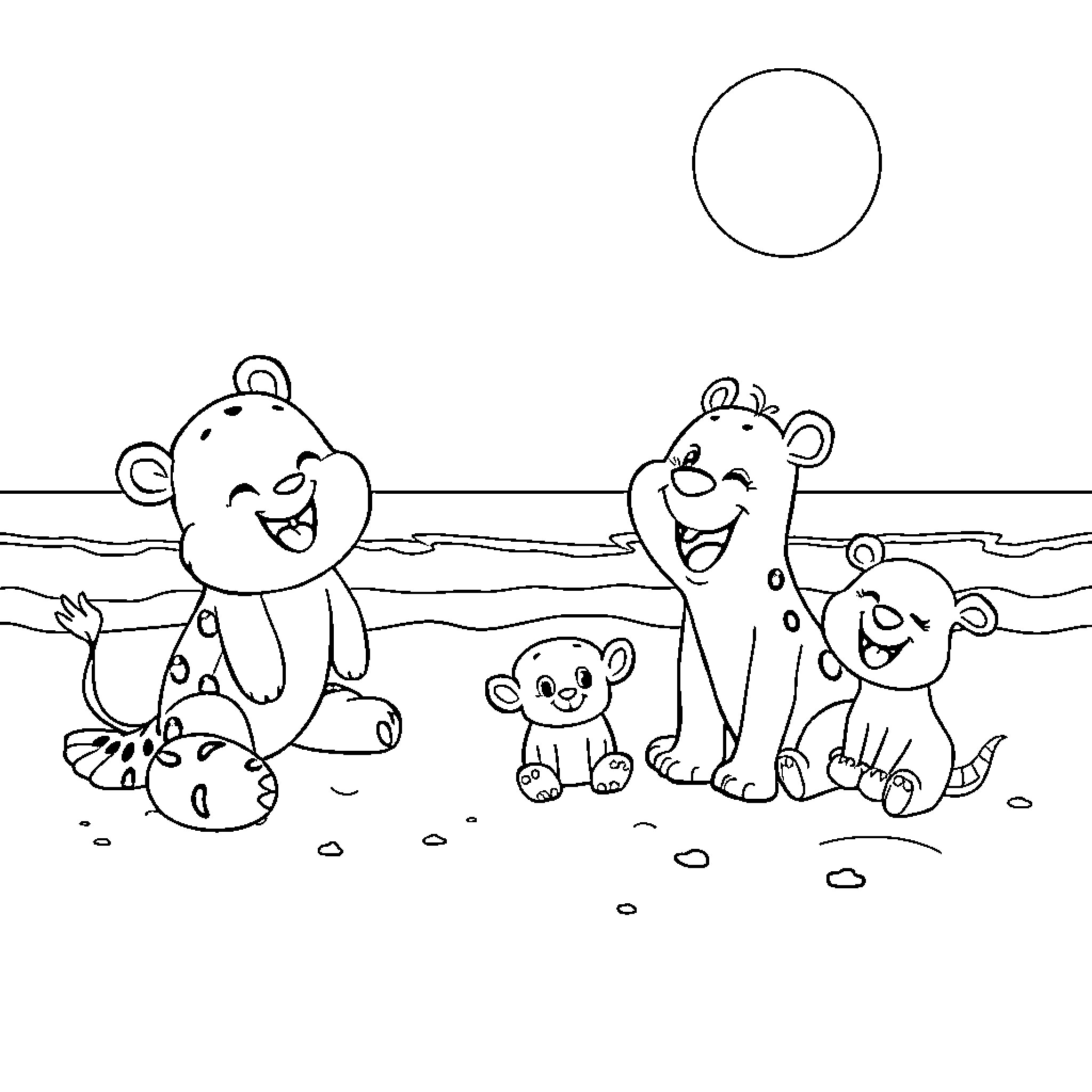 Animal family playing on the beach Coloring Page (free black-and-white line drawing printable PDF for all, from beginners to advanced learners, including children, teens, adults, and seniors)