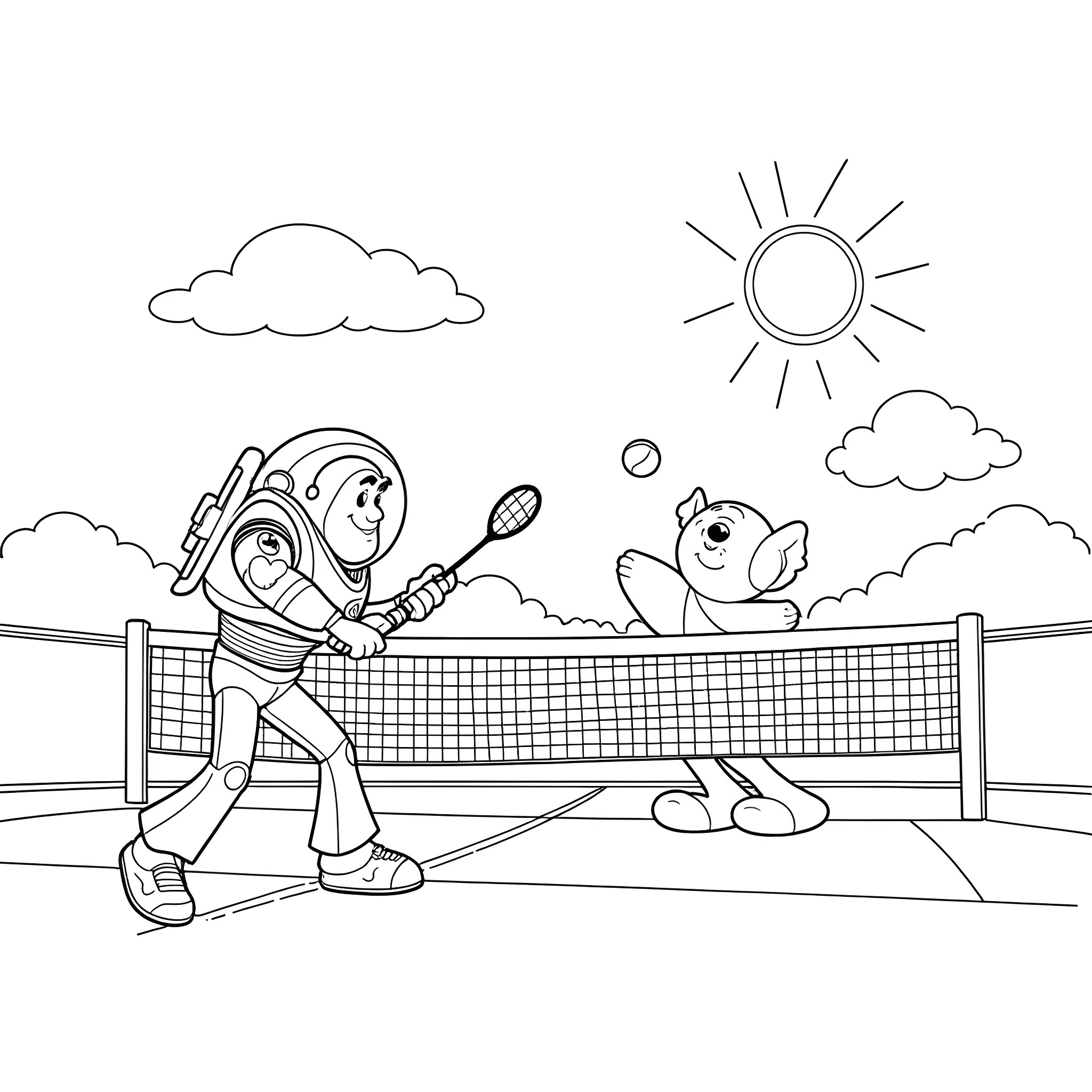 Buzz Lightyear playing tennis with Teddy bear Coloring Page (free black-and-white line drawing printable PDF for all, from beginners to advanced learners, including children, teens, adults, and seniors)