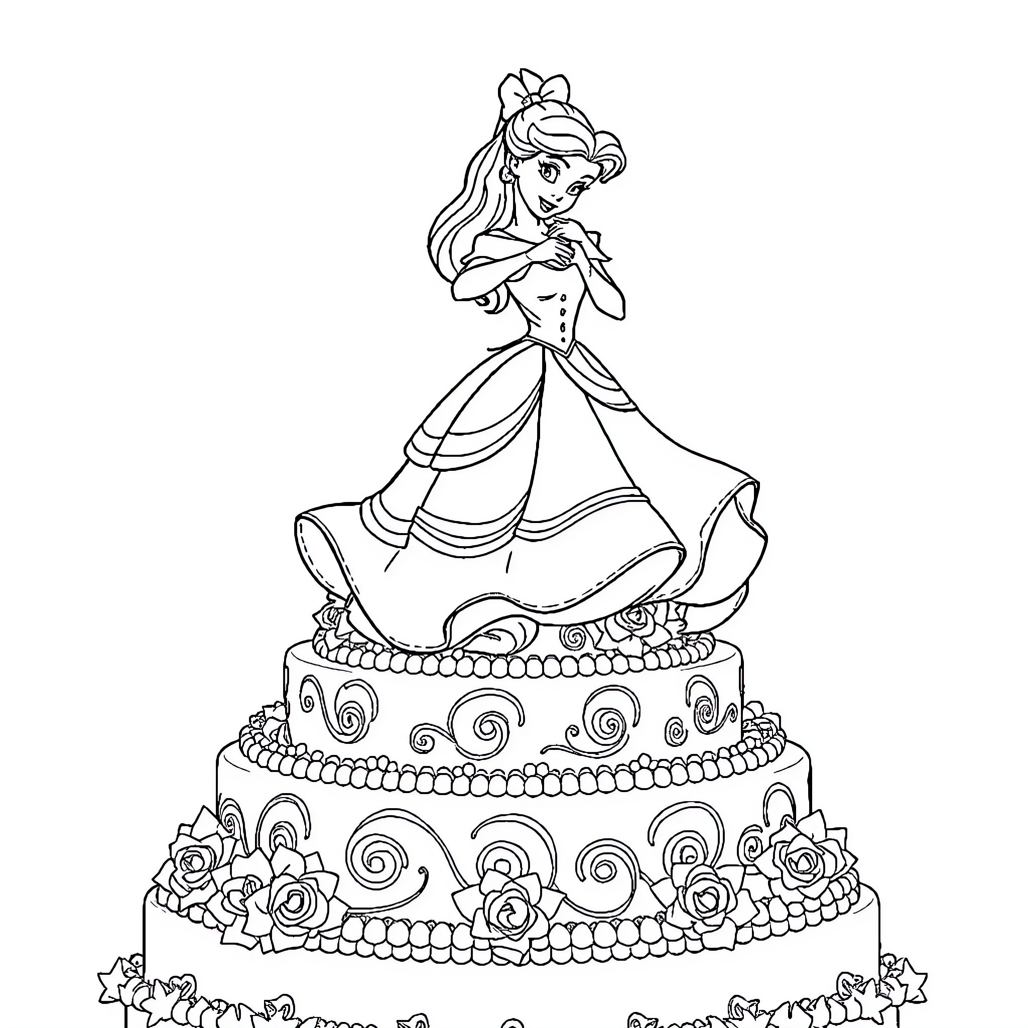 Belle in an elegant ballroom dress Coloring Page (free black-and-white line drawing printable PDF for all, from beginners to advanced learners, including children, teens, adults, and seniors)