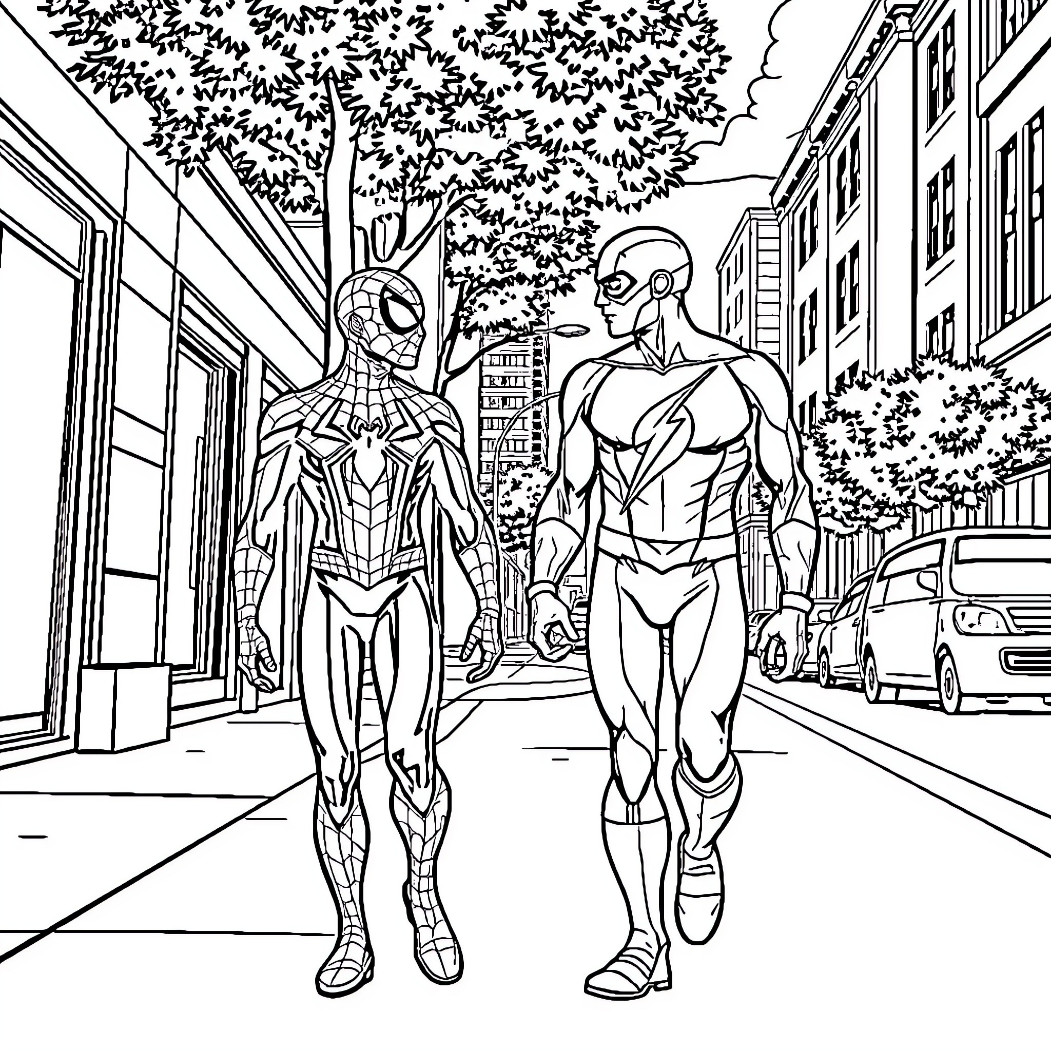 Spider-Man and Superhero Walking Down City Street Coloring Page (free black-and-white line drawing printable PDF for all, from beginners to advanced learners, including children, teens, adults, and seniors)