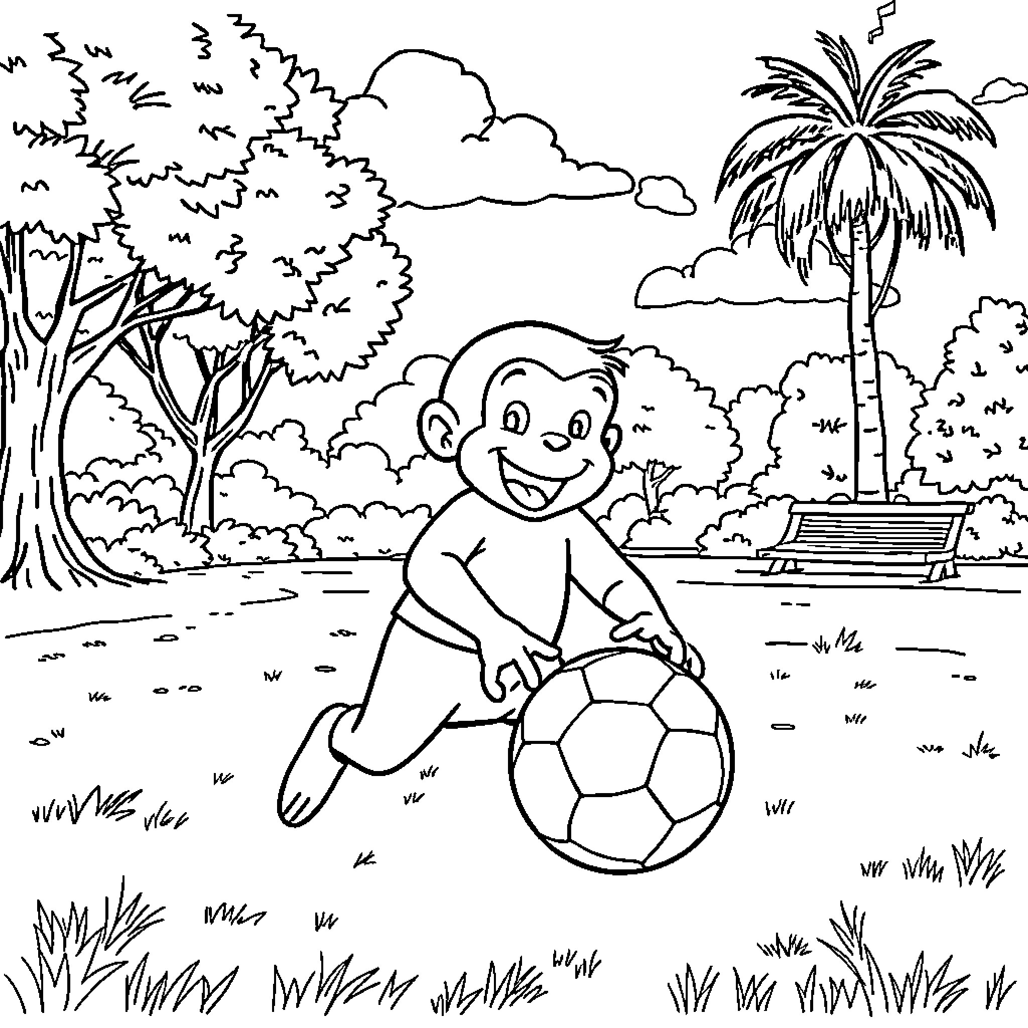Curious George playing with a soccer ball in the park Coloring Page (free black-and-white line drawing printable PDF for all, from beginners to advanced learners, including children, teens, adults, and seniors)