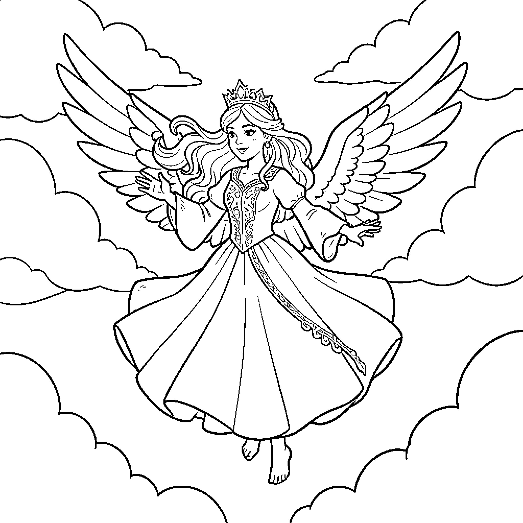 Princess with large wings flying among the clouds Coloring Page (free black-and-white line drawing printable PDF for all, from beginners to advanced learners, including children, teens, adults, and seniors)