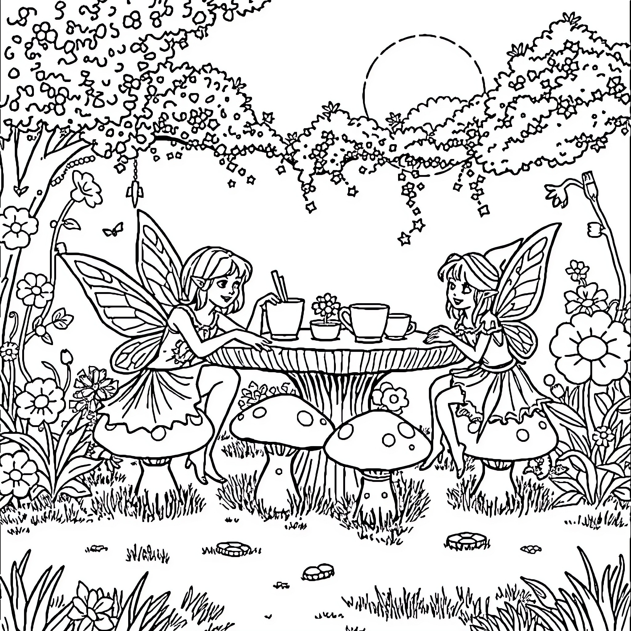Fairy Tea Party in Enchanted Forest Coloring Page (free black-and-white line drawing printable PDF for all, from beginners to advanced learners, including children, teens, adults, and seniors)