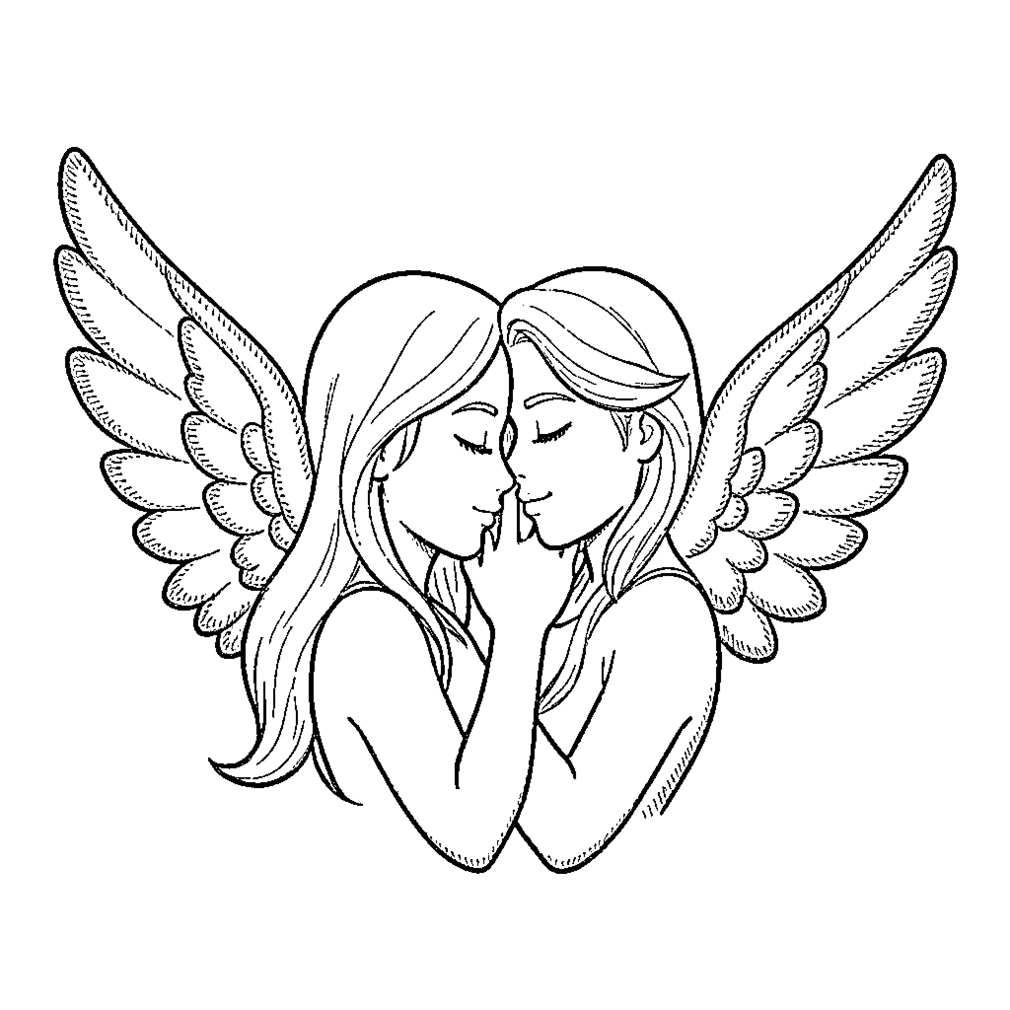 Angel figures sharing a tender and peaceful moment Coloring Page (free black-and-white line drawing printable PDF for all, from beginners to advanced learners, including children, teens, adults, and seniors)
