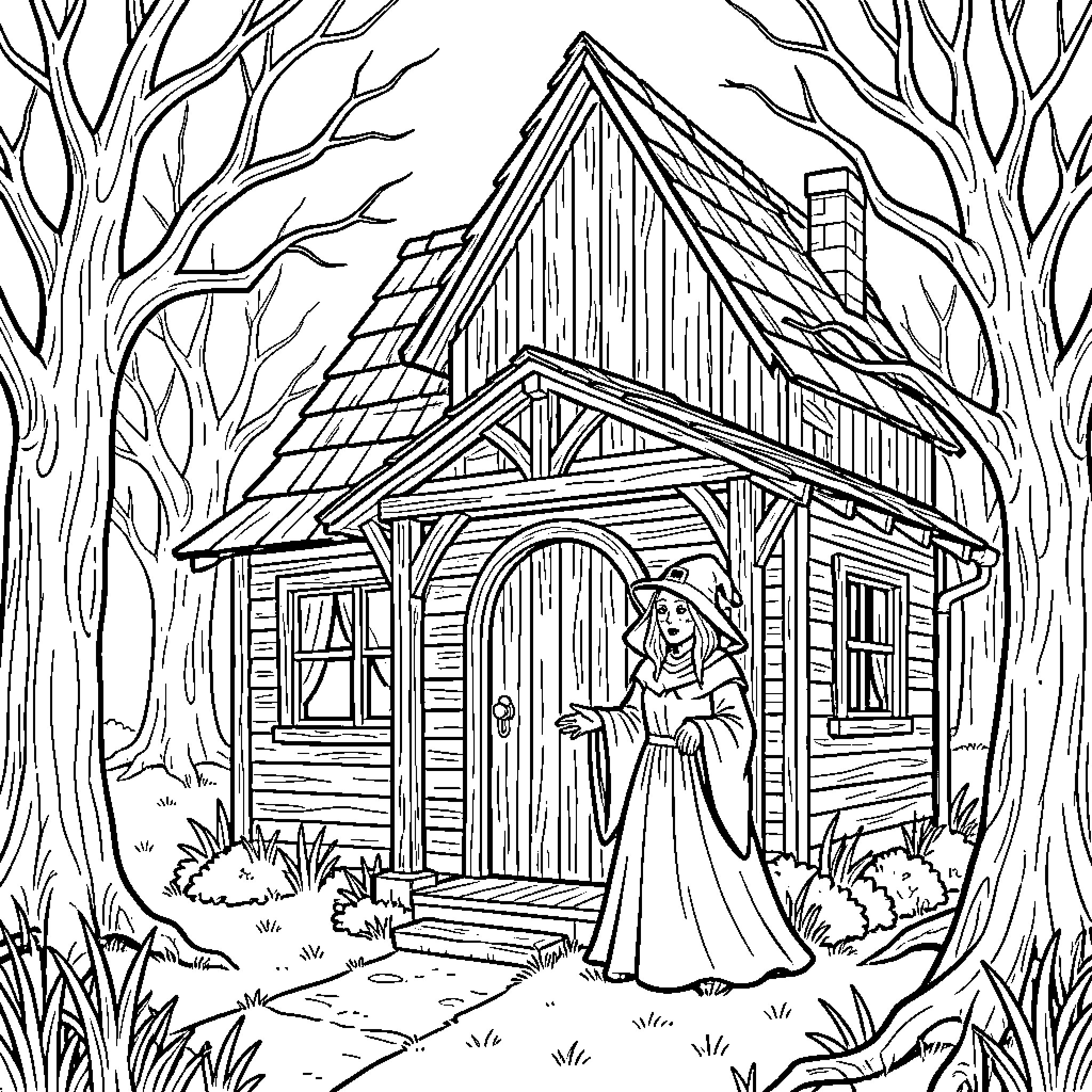 Haunted House with a witch standing in the yard Coloring Page (free black-and-white line drawing printable PDF for all, from beginners to advanced learners, including children, teens, adults, and seniors)