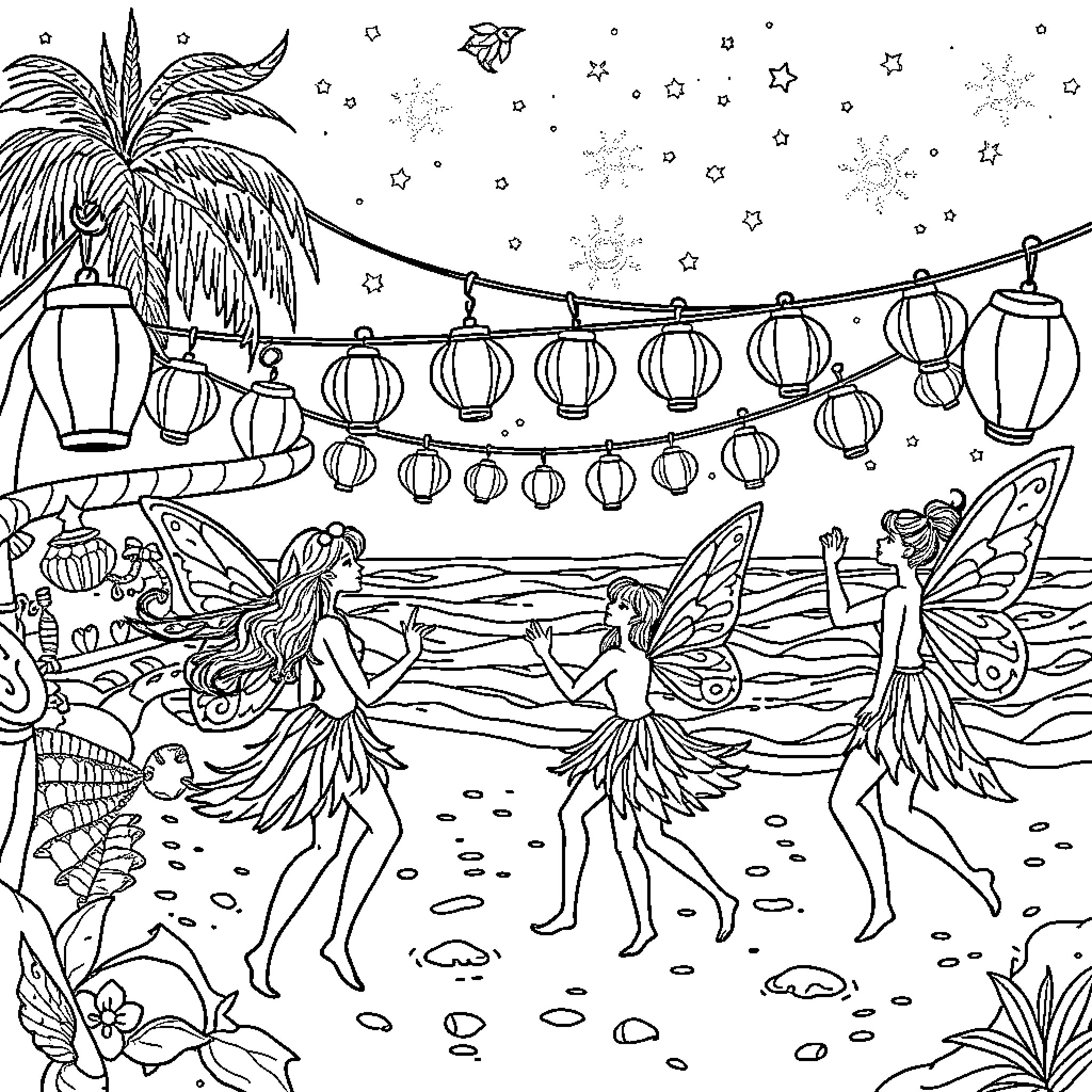 Fairy Creatures Celebrate Under Moonlit Lanterns Coloring Page (free black-and-white line drawing printable PDF for all, from beginners to advanced learners, including children, teens, adults, and seniors)