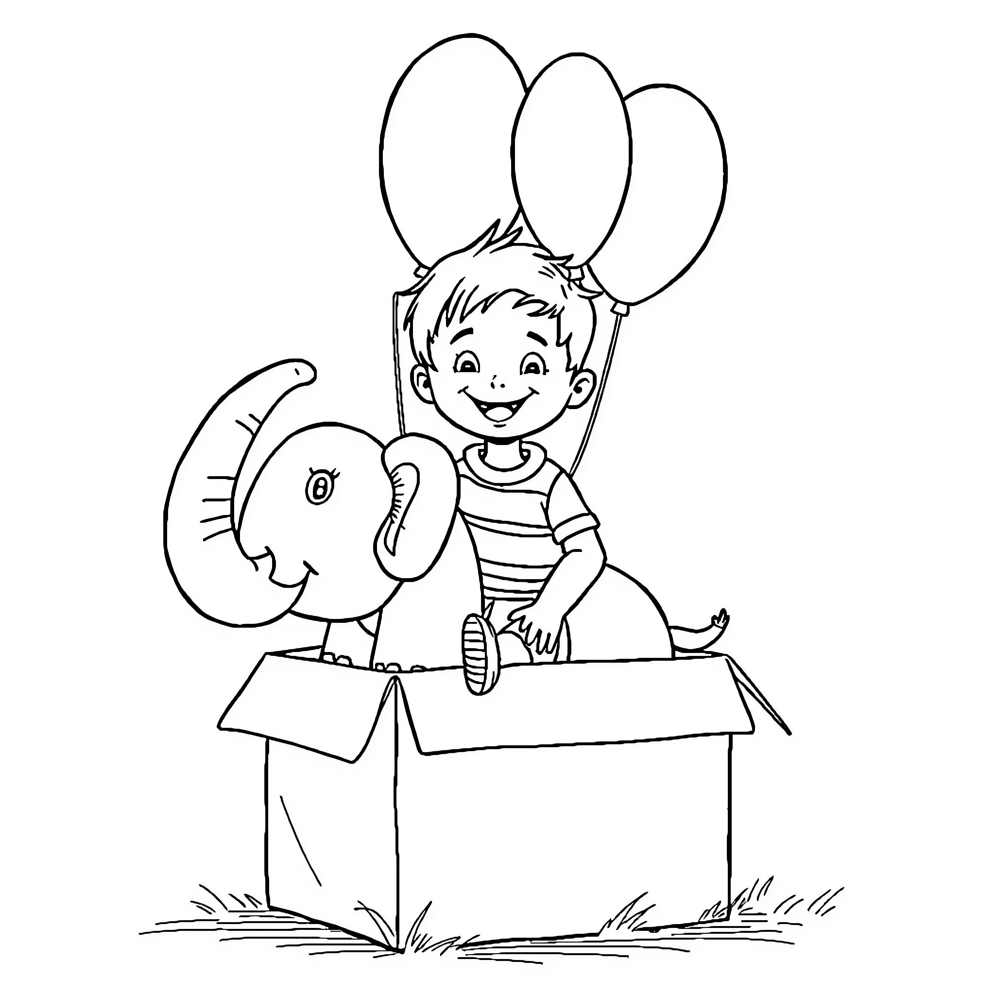 Boy playing with toy elephant and balloons in a box Coloring Page (free black-and-white line drawing printable PDF for all, from beginners to advanced learners, including children, teens, adults, and seniors)
