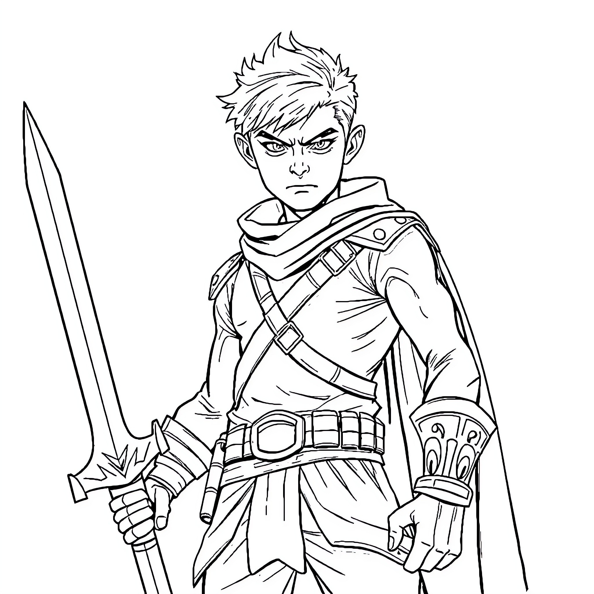 Xaden the Heroic Warrior with Sword Coloring Page (free black-and-white line drawing printable PDF for all, from beginners to advanced learners, including children, teens, adults, and seniors)