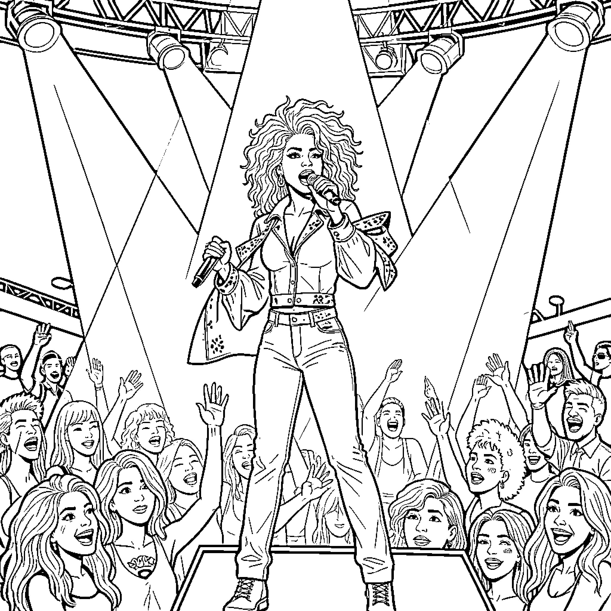 Janet Jackson performing on stage for a cheering crowd Coloring Page (free black-and-white line drawing printable PDF for all, from beginners to advanced learners, including children, teens, adults, and seniors)