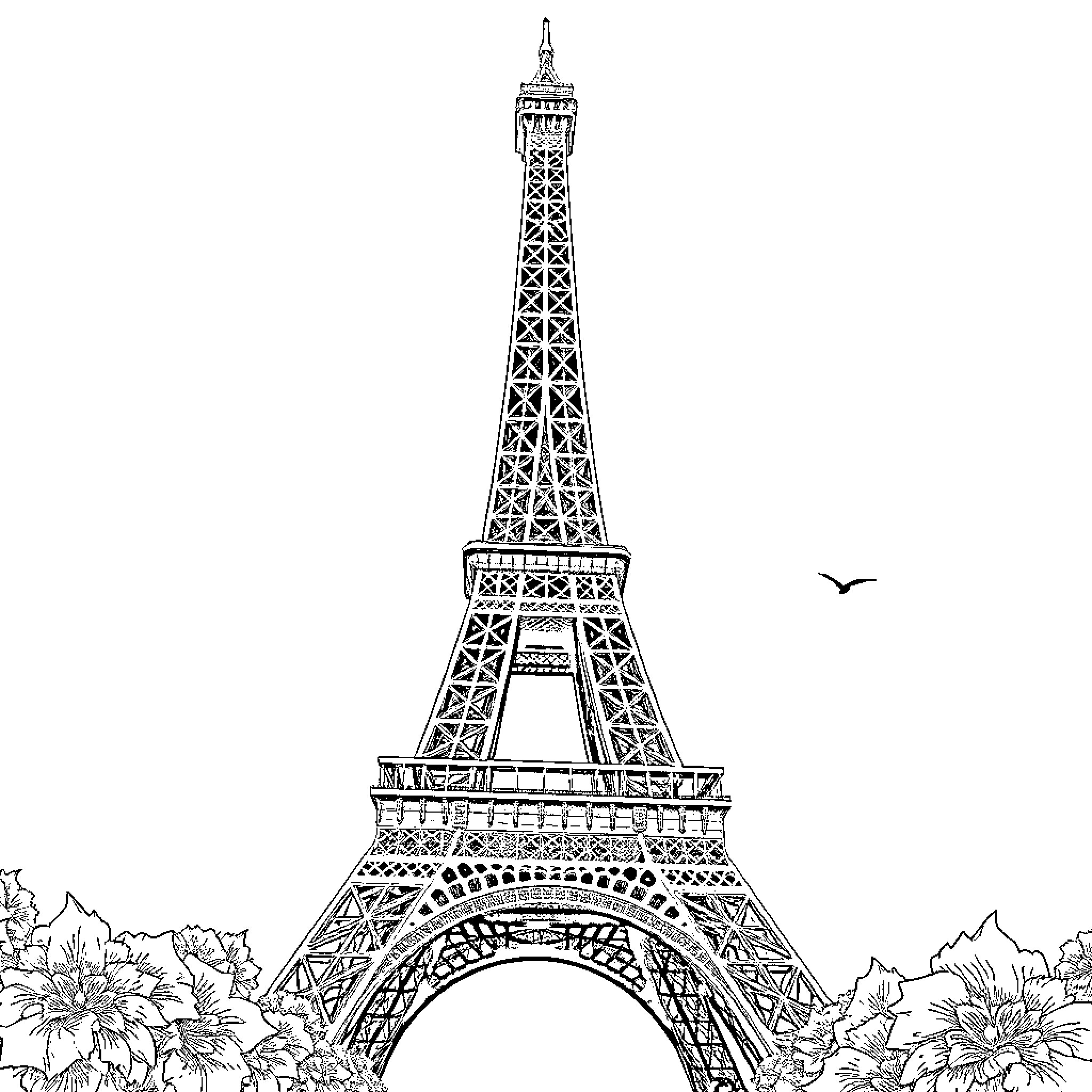 Eiffel Tower among flowers in scenic landscape Coloring Page (free black-and-white line drawing printable PDF for all, from beginners to advanced learners, including children, teens, adults, and seniors)