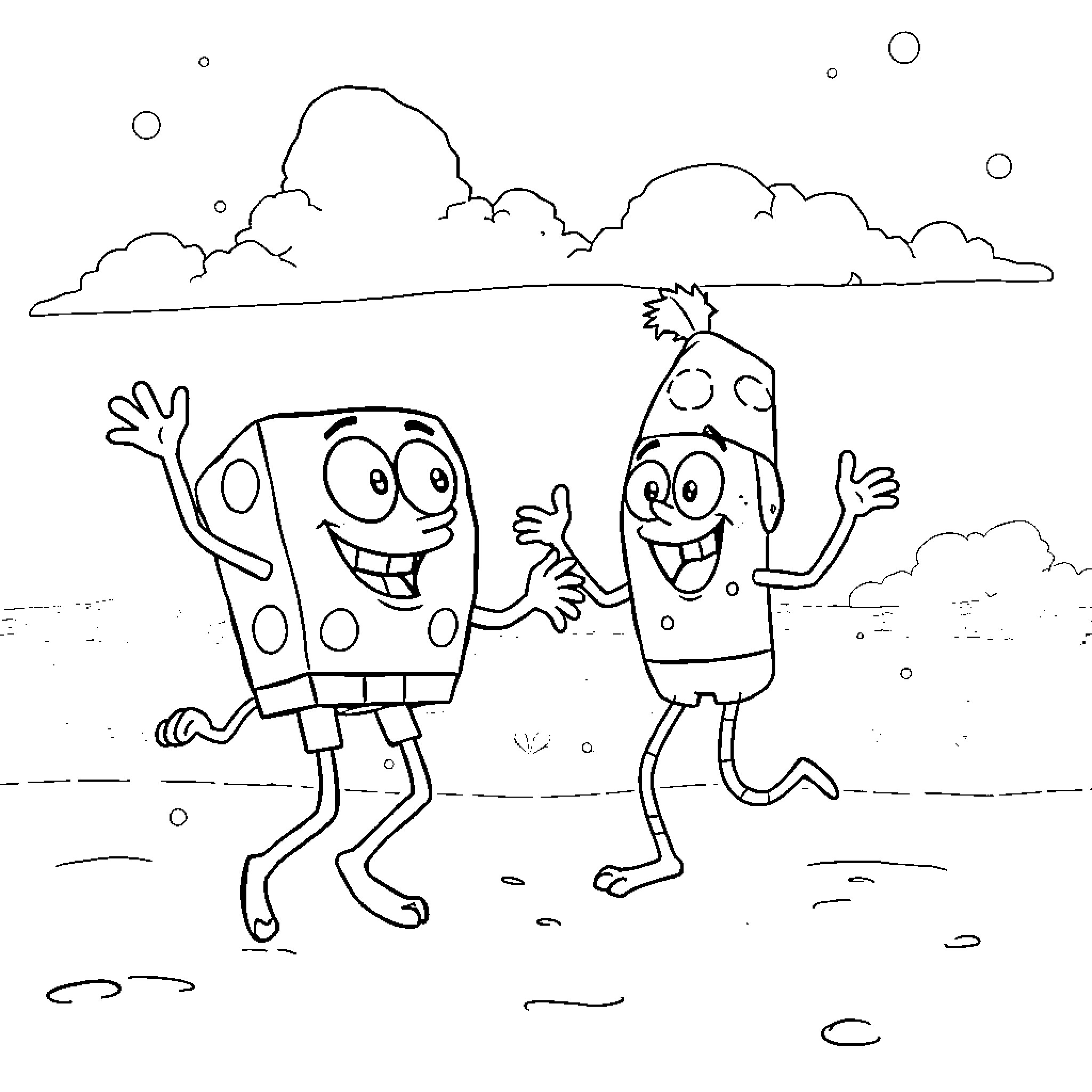 Spongebob and Patrick playing joyfully outdoors Coloring Page (free black-and-white line drawing printable PDF for all, from beginners to advanced learners, including children, teens, adults, and seniors)