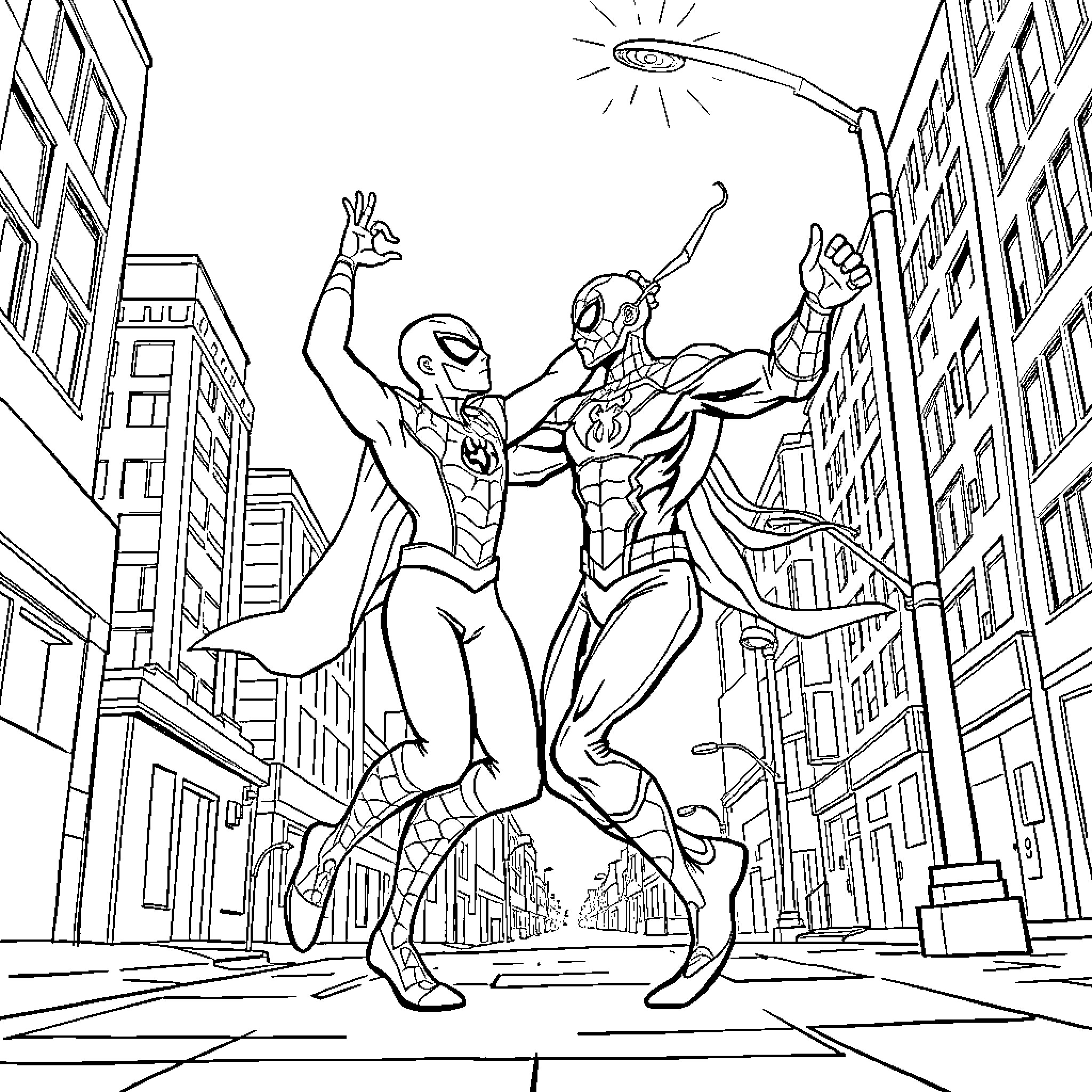 Spiderman and Spiderman duo soaring through the city Coloring Page (free black-and-white line drawing printable PDF for all, from beginners to advanced learners, including children, teens, adults, and seniors)