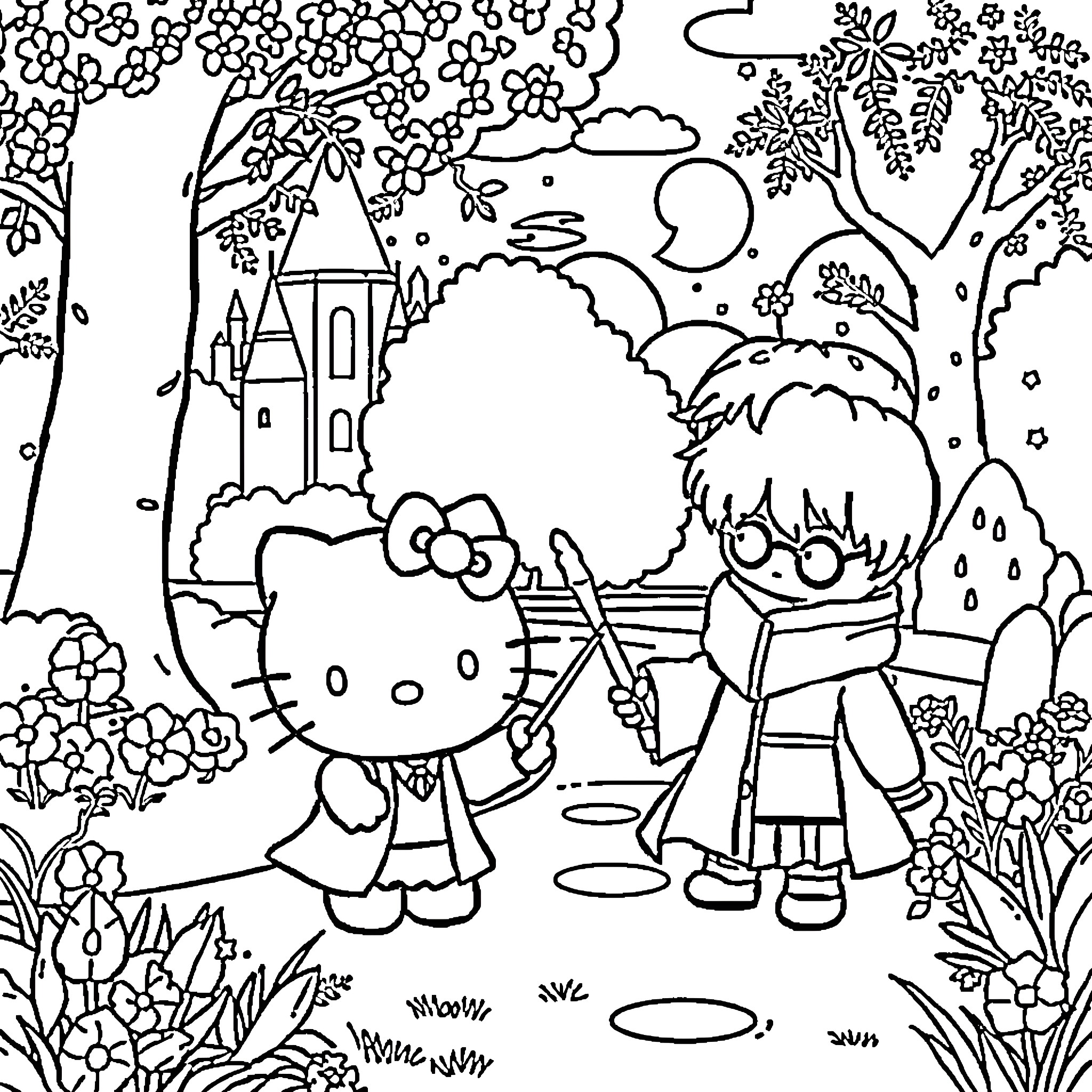 Hello Kitty explores enchanted forest with friend Coloring Page (free black-and-white line drawing printable PDF for all, from beginners to advanced learners, including children, teens, adults, and seniors)