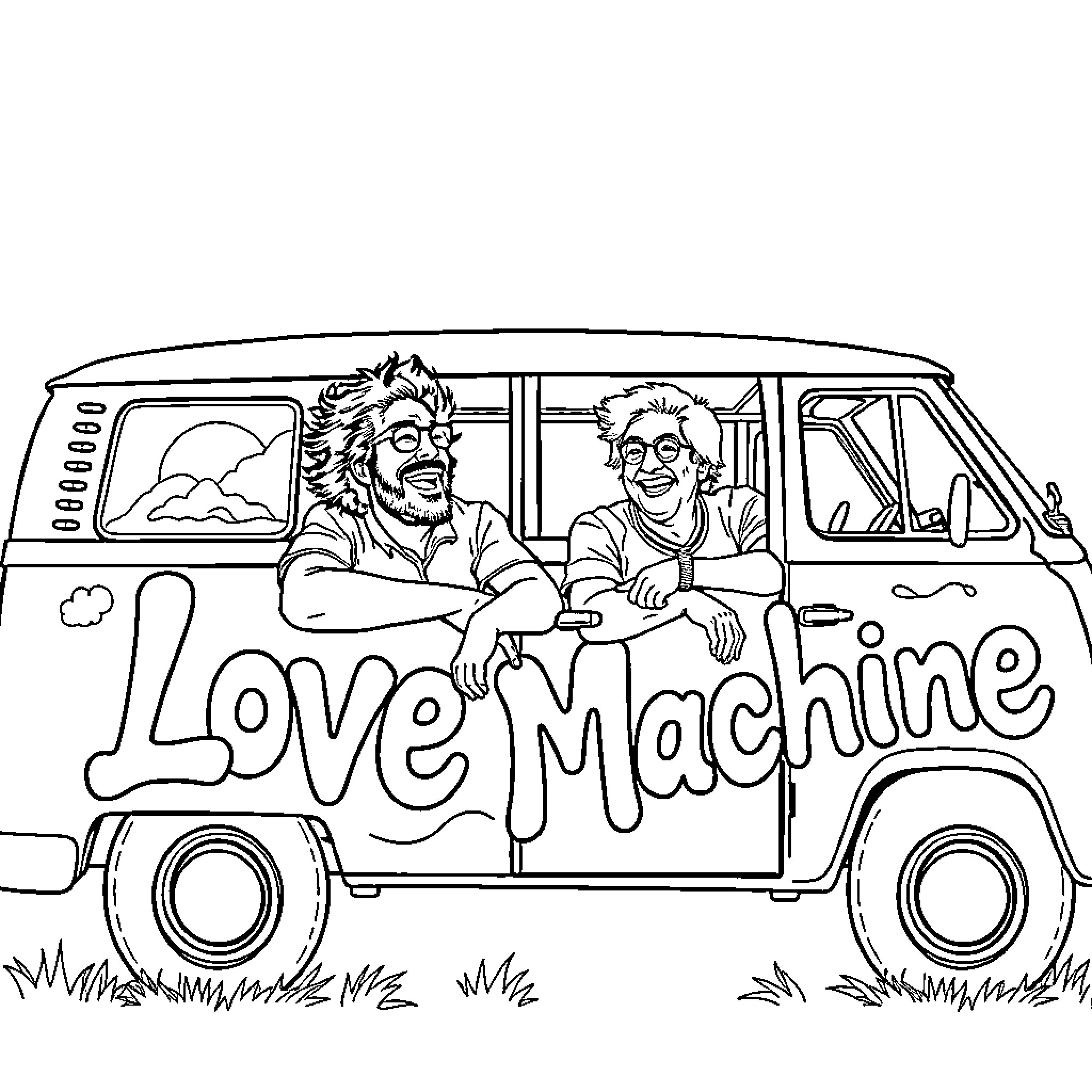 Cheech and Chong's Love Machine Adventure Coloring Page (free black-and-white line drawing printable PDF for all, from beginners to advanced learners, including children, teens, adults, and seniors)