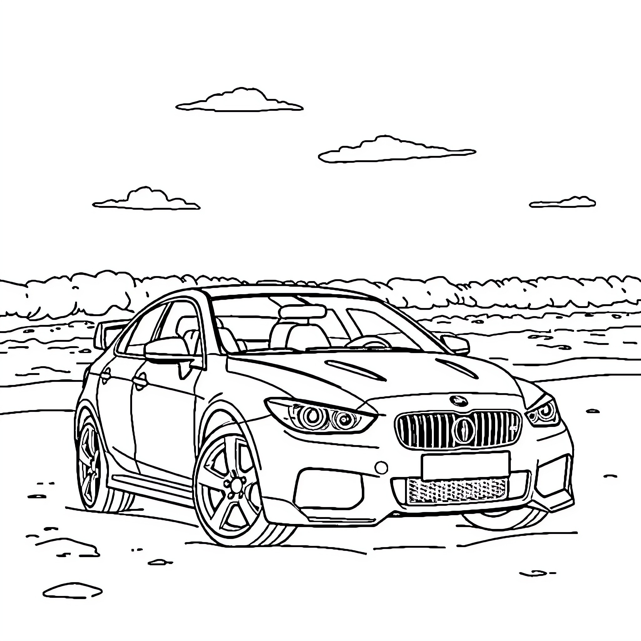 Car speeding through the countryside Coloring Page (free black-and-white line drawing printable PDF for all, from beginners to advanced learners, including children, teens, adults, and seniors)