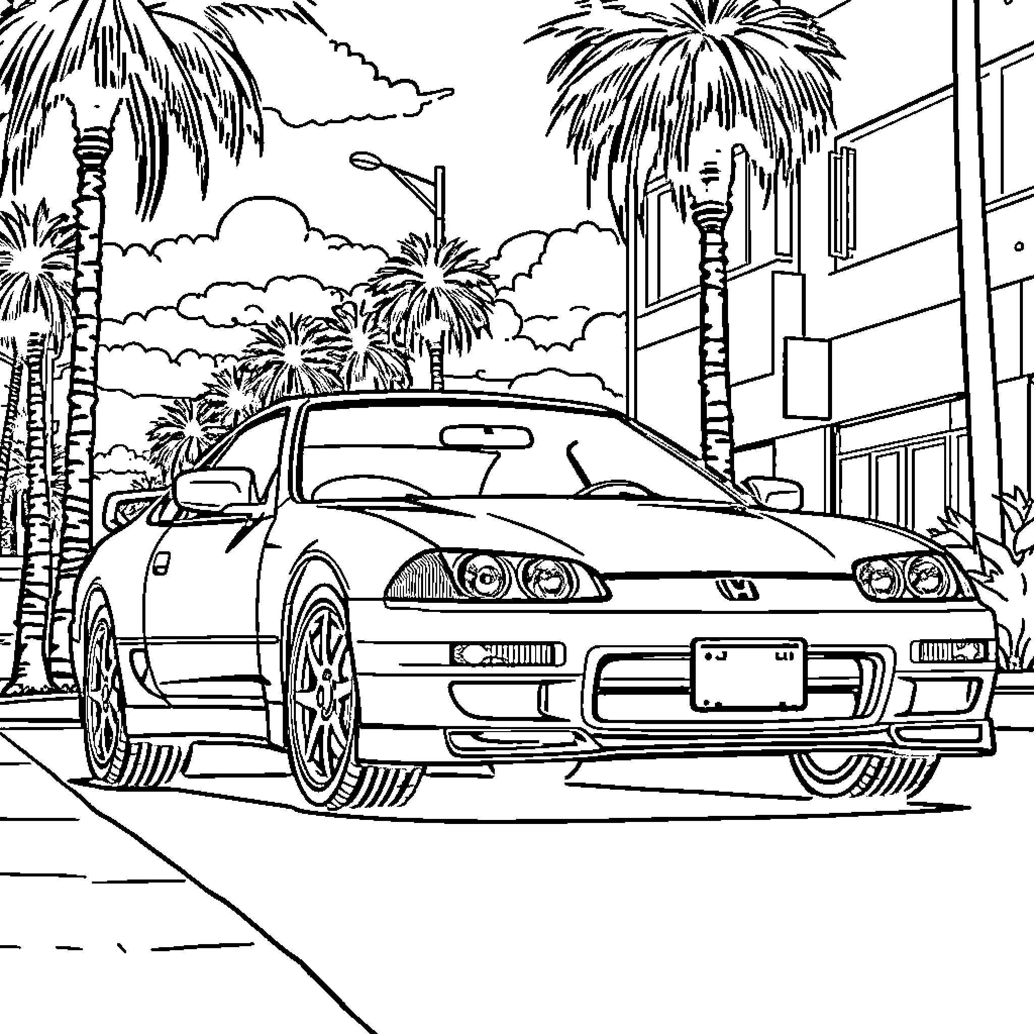Honda Prelude speeding through a tropical paradise Coloring Page (free black-and-white line drawing printable PDF for all, from beginners to advanced learners, including children, teens, adults, and seniors)
