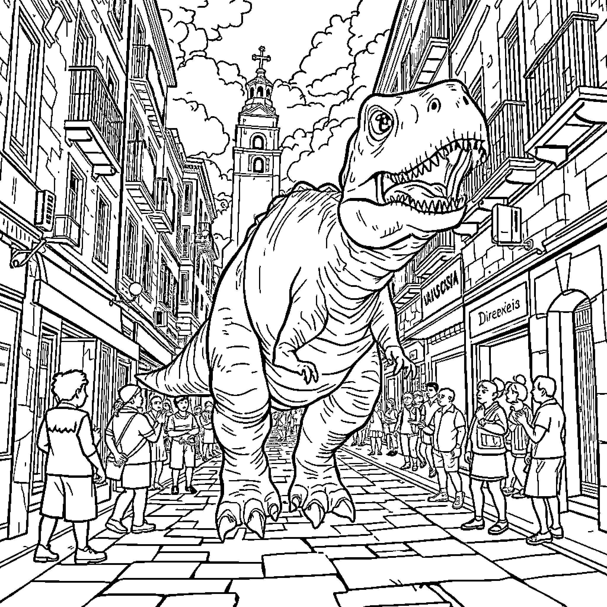 Dinosaur roaming through a bustling city street Coloring Page (free black-and-white line drawing printable PDF for all, from beginners to advanced learners, including children, teens, adults, and seniors)