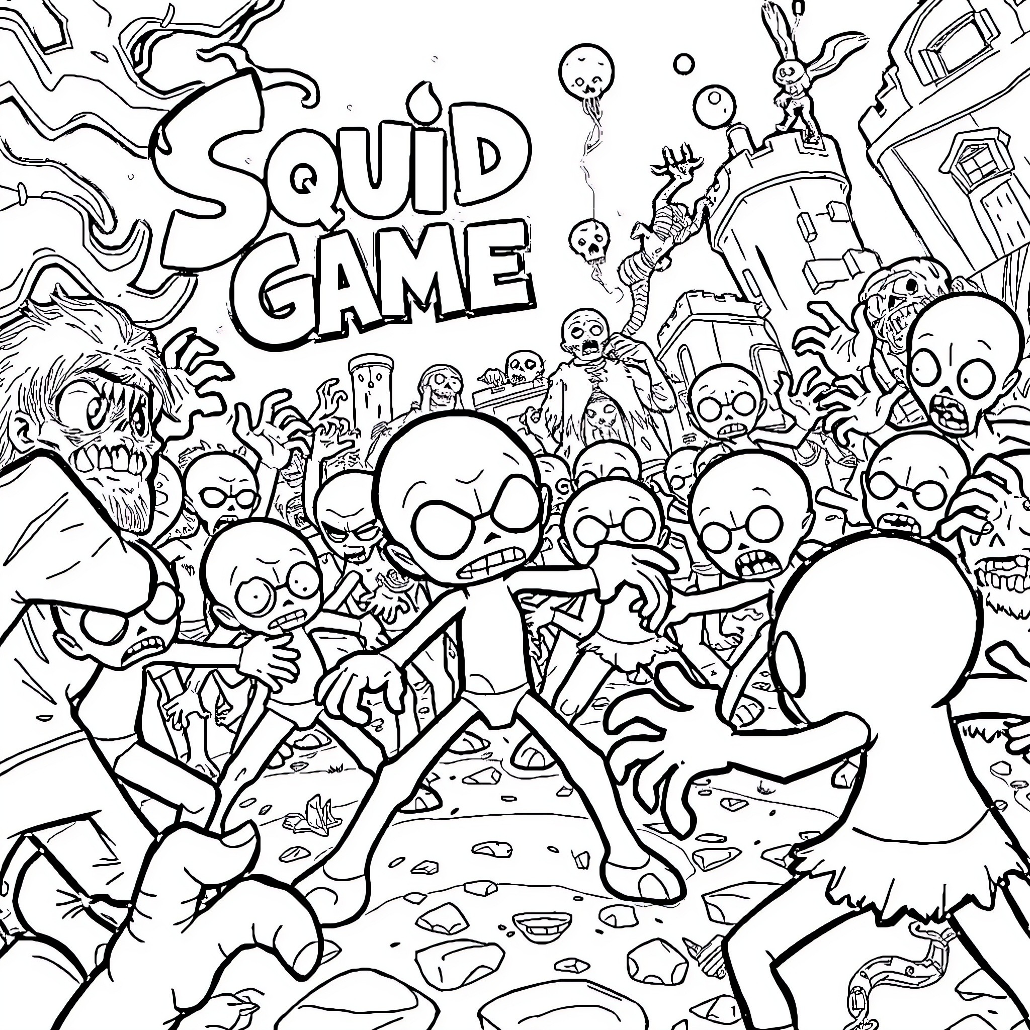 Squid Game - Intense Gameplay with Peculiar Characters Coloring Page (free black-and-white line drawing printable PDF for all, from beginners to advanced learners, including children, teens, adults, and seniors)