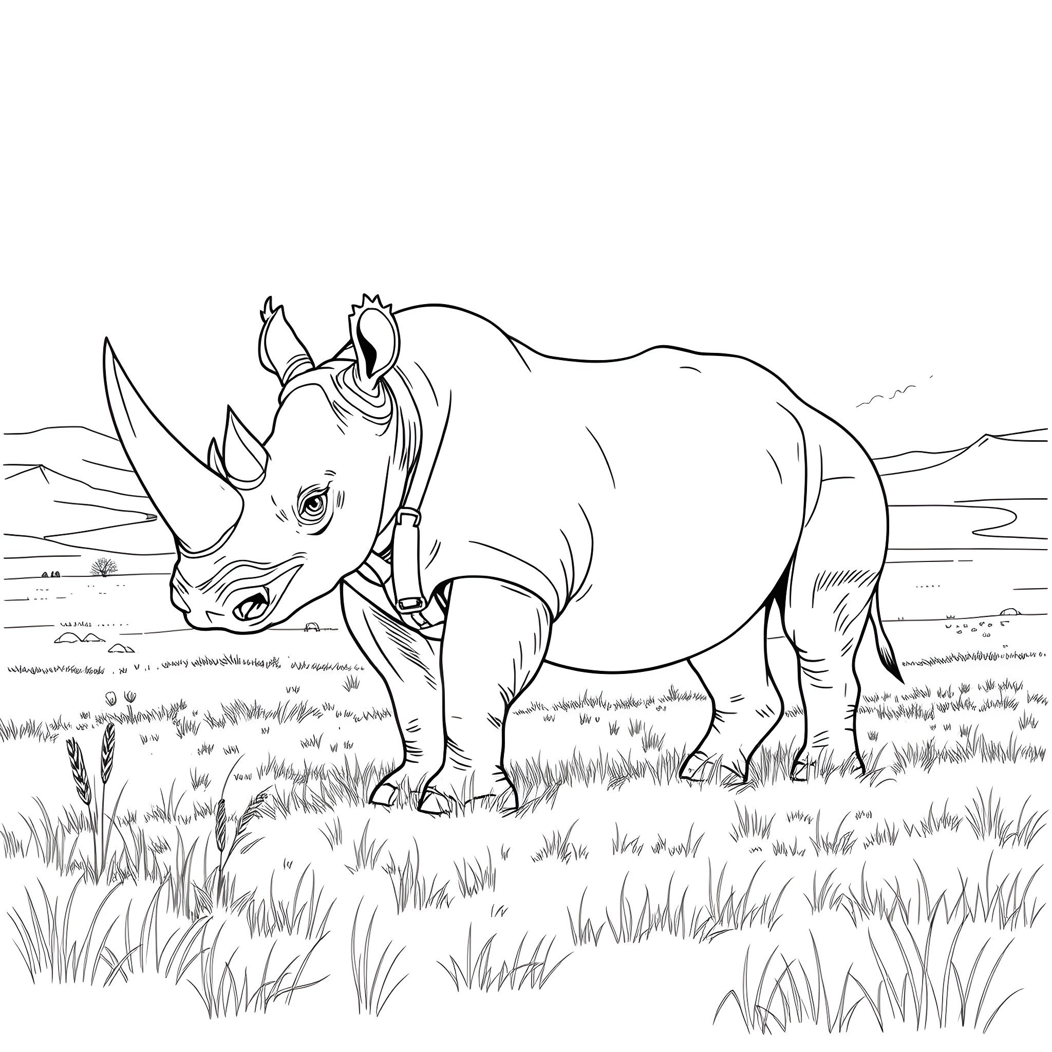 Rhinoceros standing in a grassy field Coloring Page (free black-and-white line drawing printable PDF for all, from beginners to advanced learners, including children, teens, adults, and seniors)