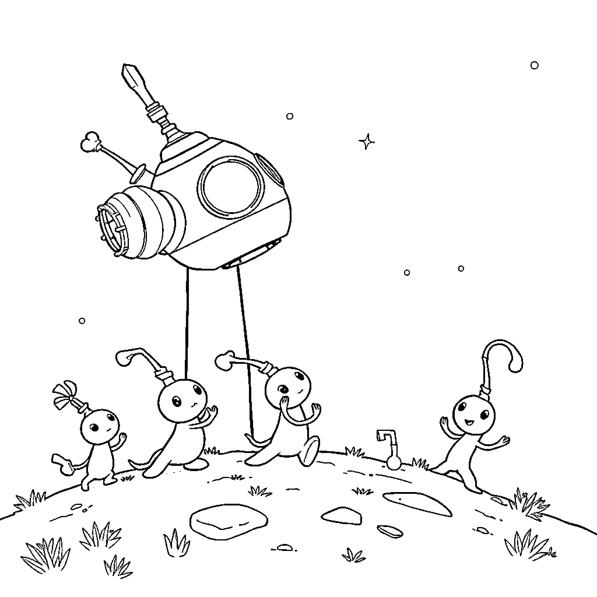 Pikmin exploring the outdoors with bionic device Coloring Page (free black-and-white line drawing printable PDF for all, from beginners to advanced learners, including children, teens, adults, and seniors)