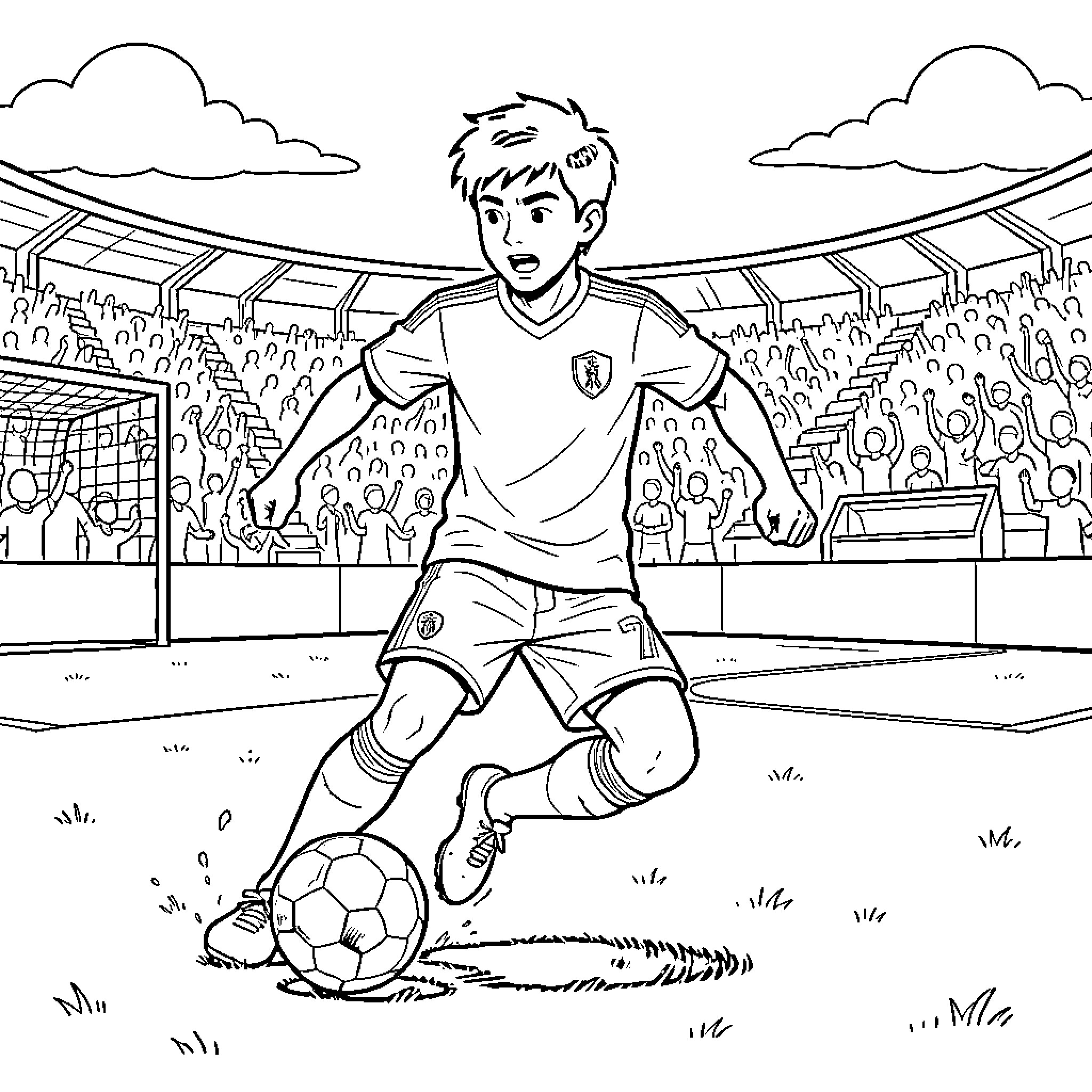 Lamine Yamal dribbling a soccer ball in a stadium Coloring Page (free black-and-white line drawing printable PDF for all, from beginners to advanced learners, including children, teens, adults, and seniors)