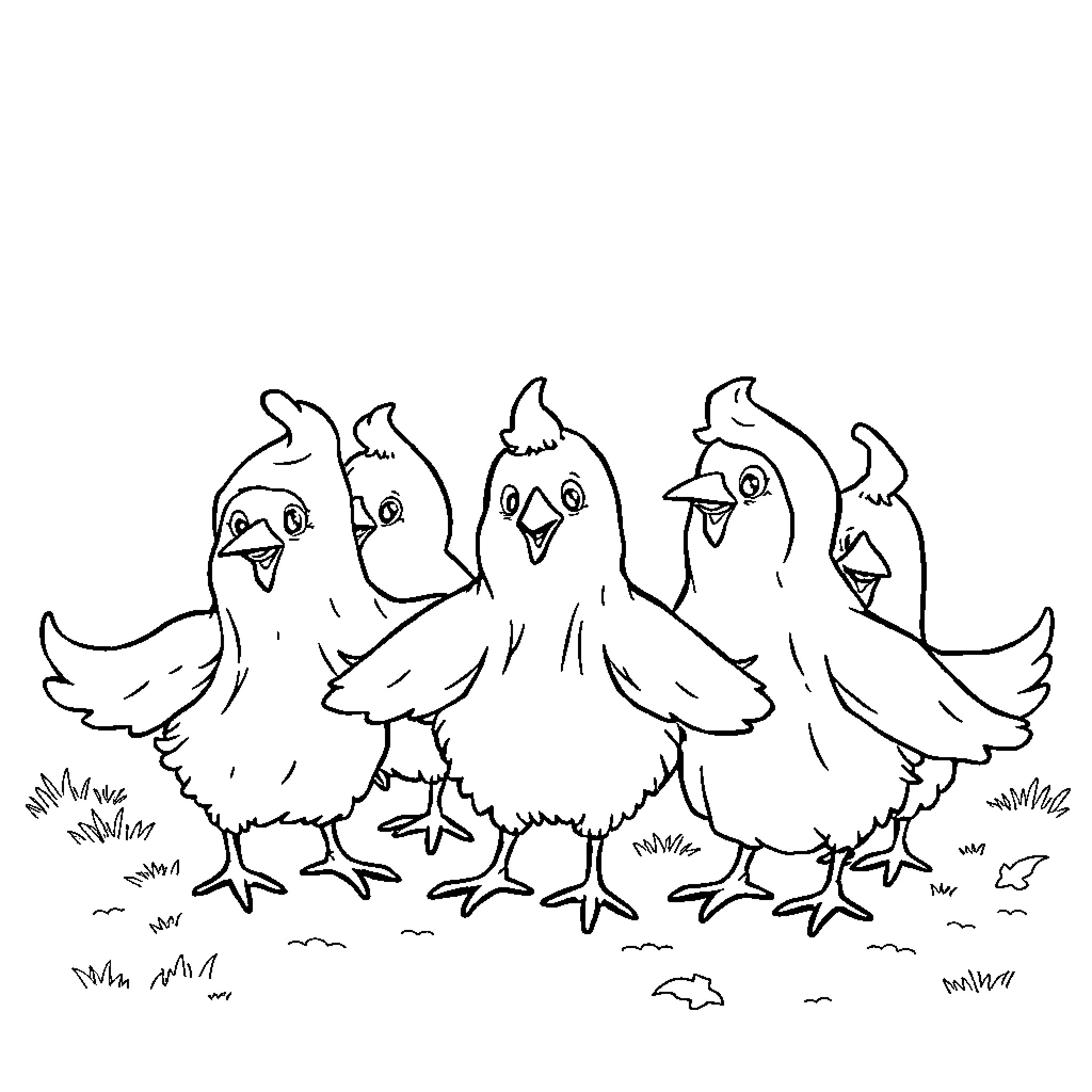 Chicken friends enjoying the outdoors Coloring Page (free black-and-white line drawing printable PDF for all, from beginners to advanced learners, including children, teens, adults, and seniors)