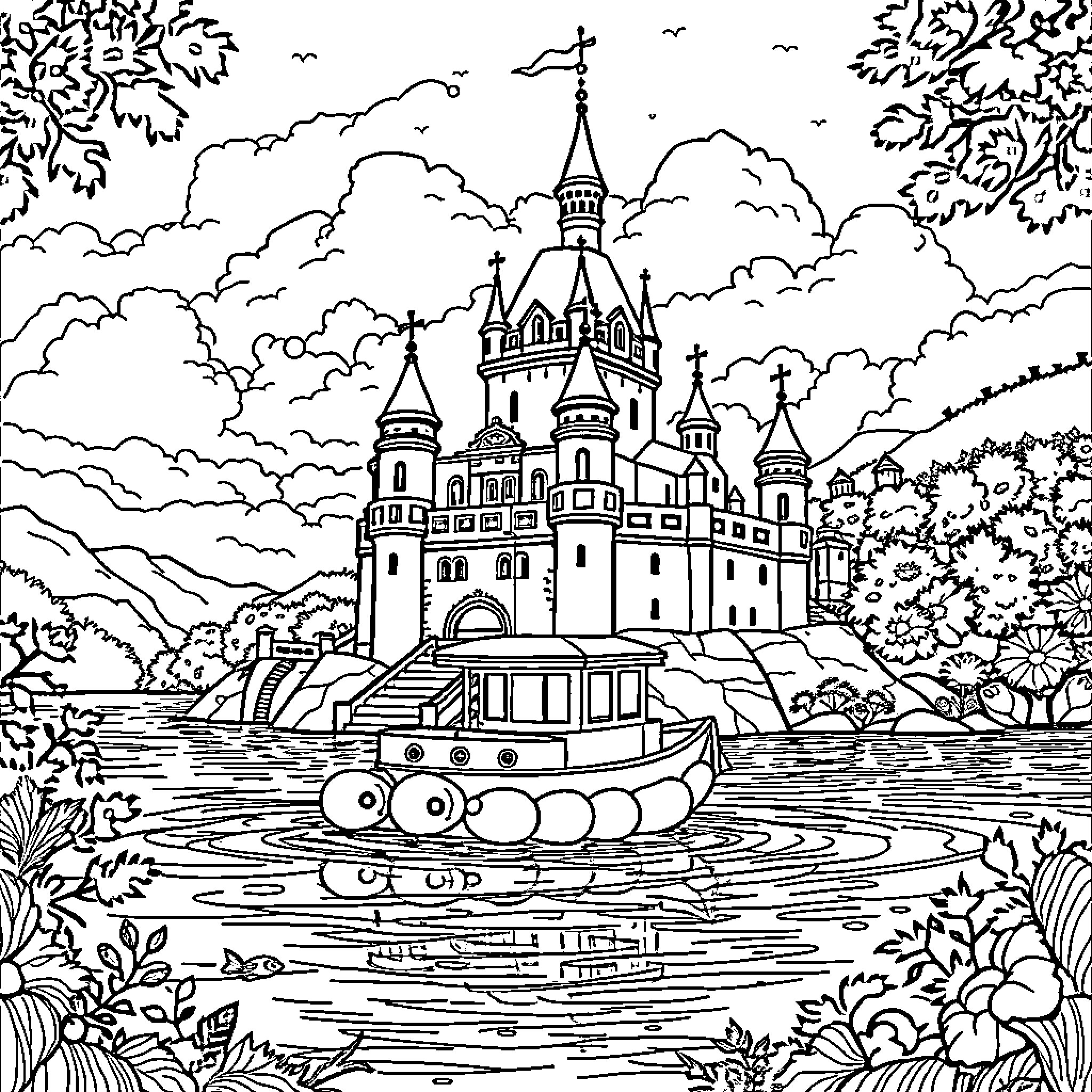 Castillo with boats and lush greenery Coloring Page (free black-and-white line drawing printable PDF for all, from beginners to advanced learners, including children, teens, adults, and seniors)