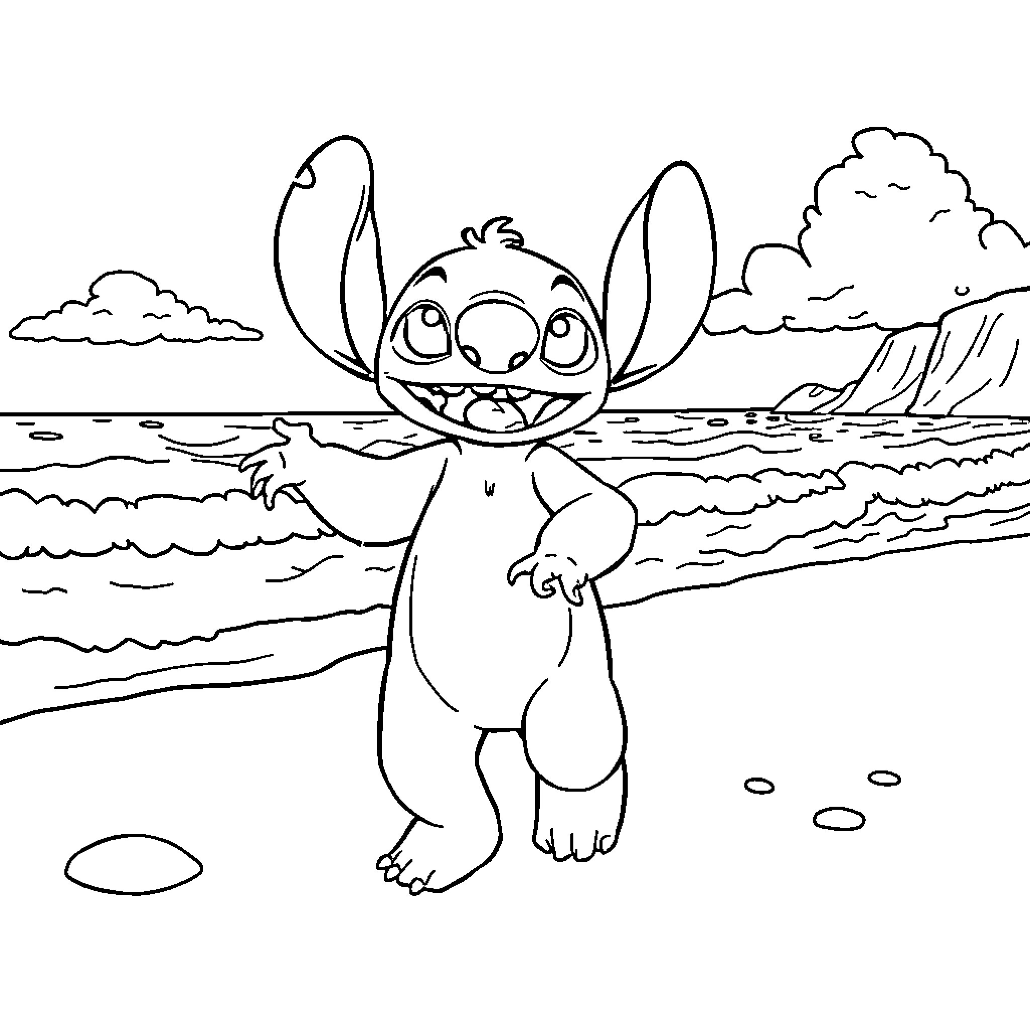 Stitch playing cheerfully on the beach Coloring Page (free black-and-white line drawing printable PDF for all, from beginners to advanced learners, including children, teens, adults, and seniors)