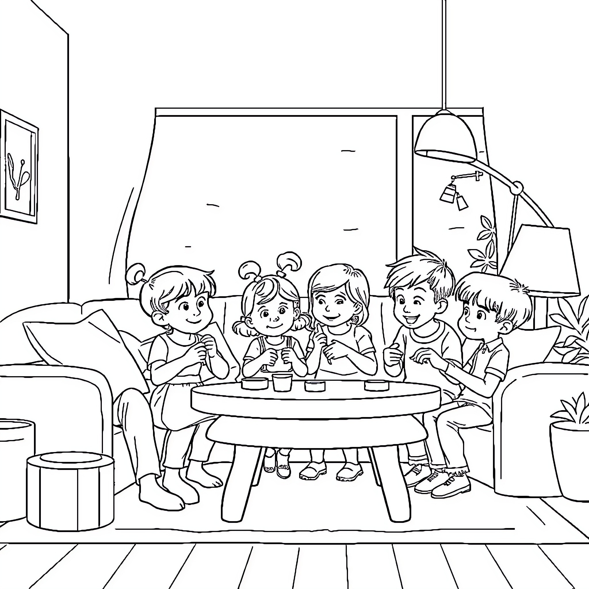 Family Enjoying a Cozy Gathering at Home Coloring Page (free black-and-white line drawing printable PDF for all, from beginners to advanced learners, including children, teens, adults, and seniors)