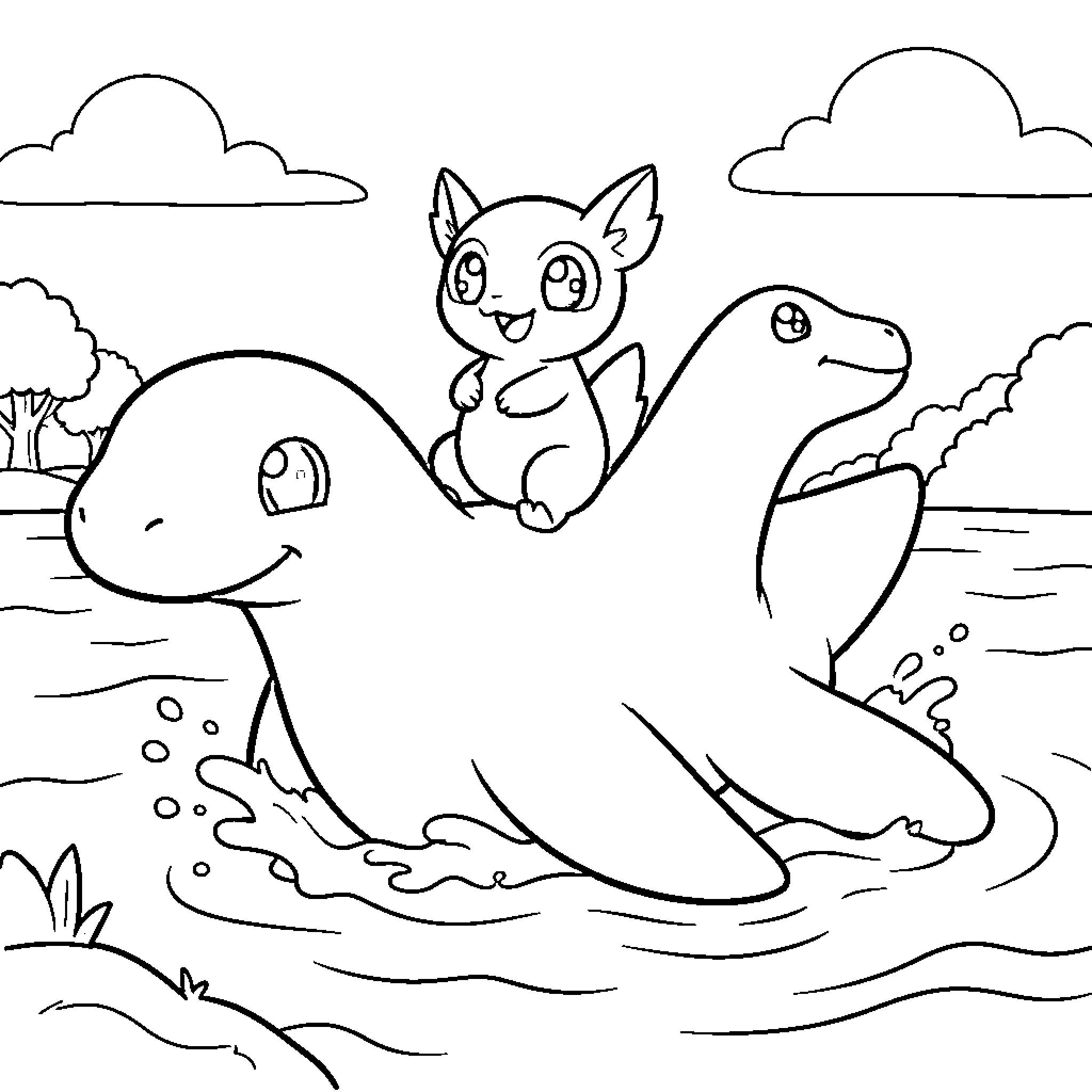 Chimchar riding on a friendly dinosaur in the lake Coloring Page (free black-and-white line drawing printable PDF for all, from beginners to advanced learners, including children, teens, adults, and seniors)