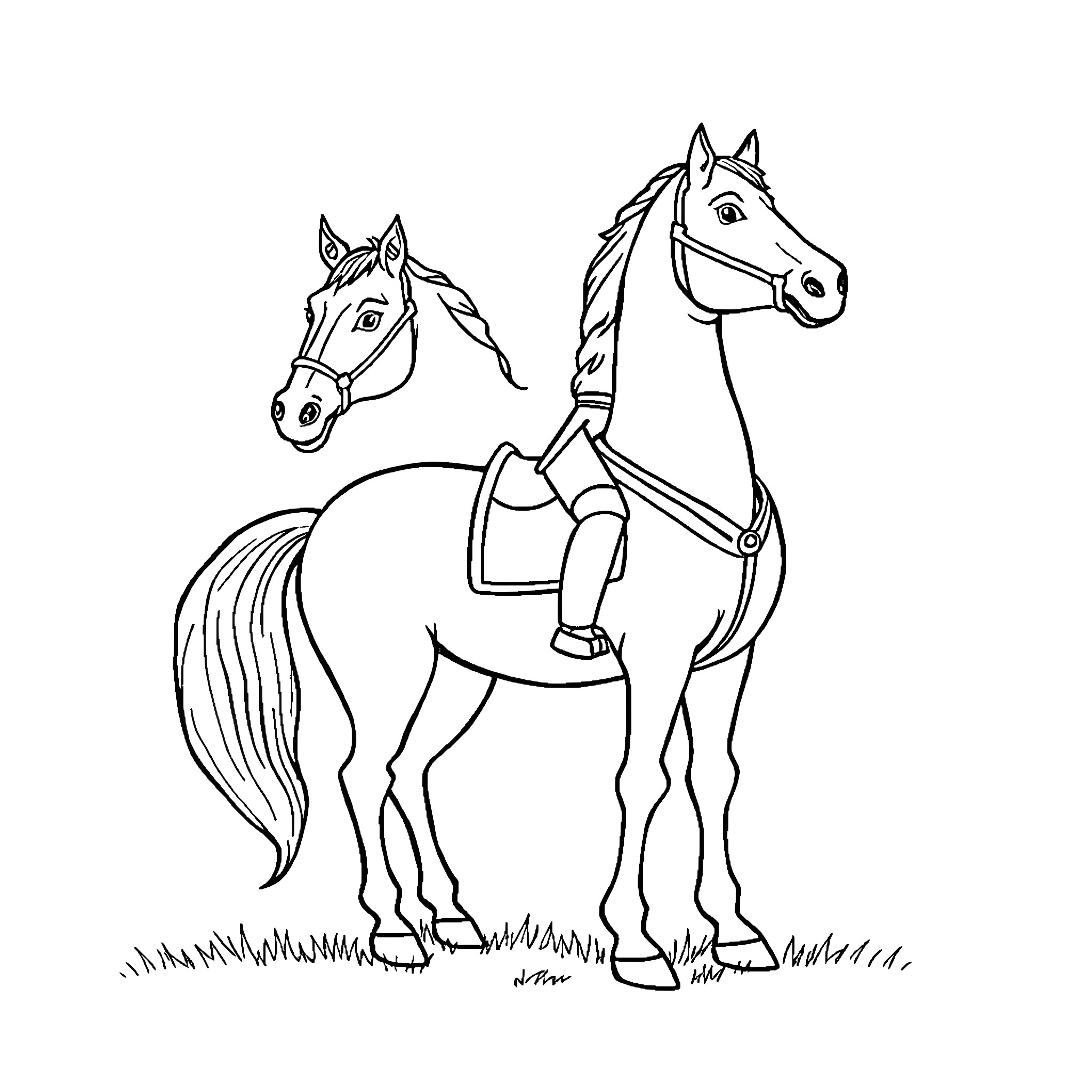 Horses standing in a field Coloring Page (free black-and-white line drawing printable PDF for all, from beginners to advanced learners, including children, teens, adults, and seniors)