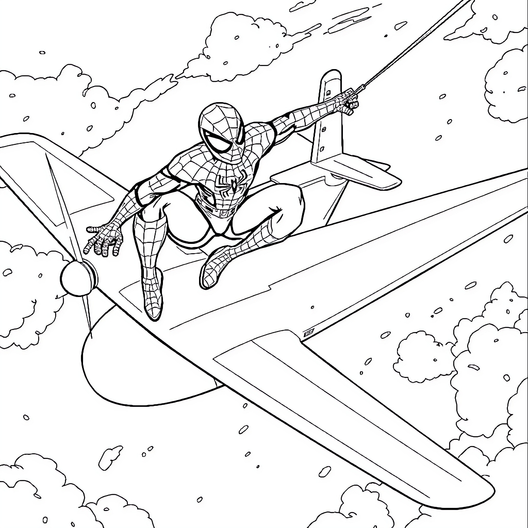 Spider-Man swinging through the sky on a plane Coloring Page (free black-and-white line drawing printable PDF for all, from beginners to advanced learners, including children, teens, adults, and seniors)