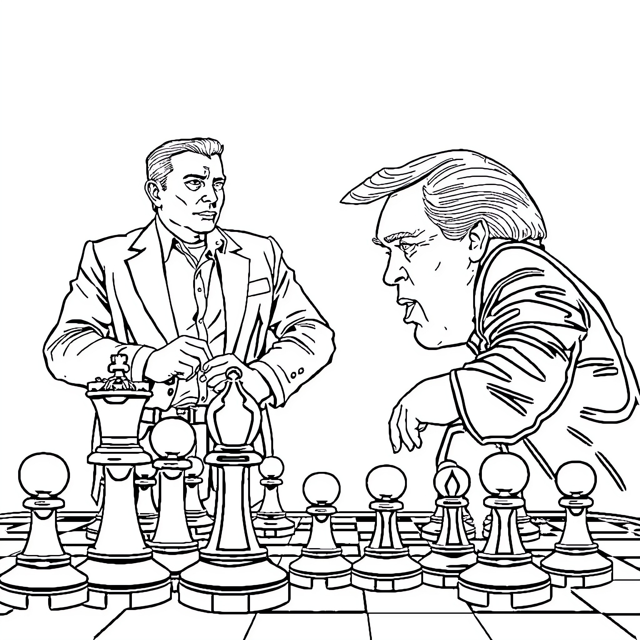 Elon Musk playing chess with a strategic opponent Coloring Page (free black-and-white line drawing printable PDF for all, from beginners to advanced learners, including children, teens, adults, and seniors)