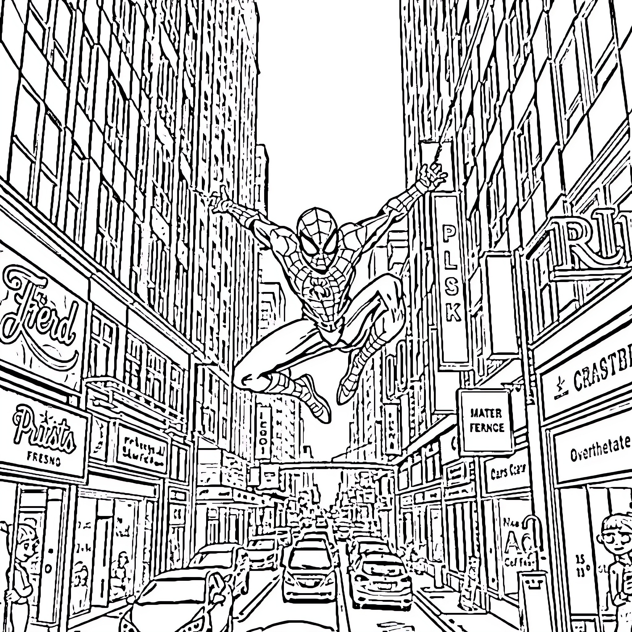 Spiderman swinging through a busy city street Coloring Page (free black-and-white line drawing printable PDF for all, from beginners to advanced learners, including children, teens, adults, and seniors)
